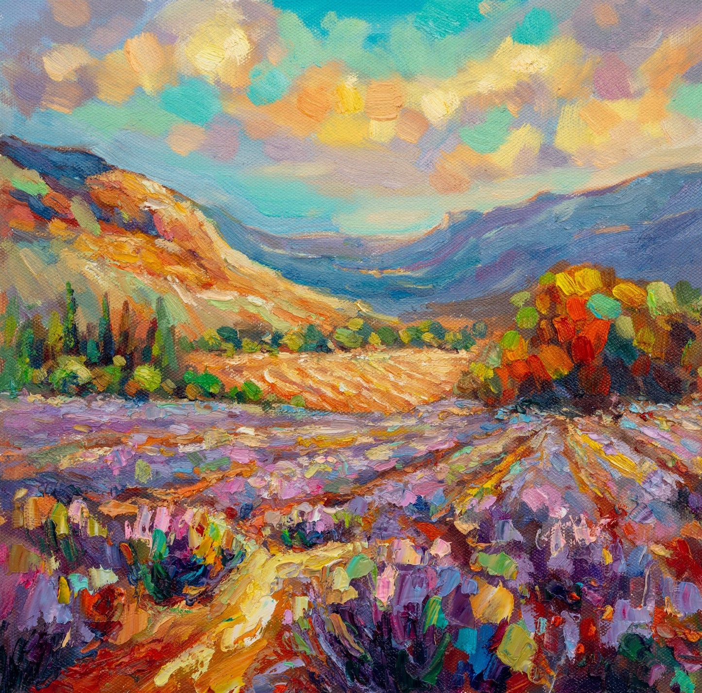 Vibrant oil painting of a lavender field landscape with bold impasto brushwork, unframed canvas on neutral surface, featuring purple, blue, and yellow hues under a dynamic sky