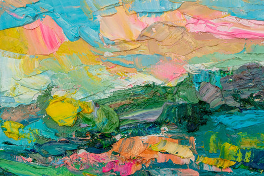 Hand-painted abstract landscape in oil on canvas, featuring bold blue, green, and yellow hues with textured brushwork, unframed and displayed flat on a neutral surface