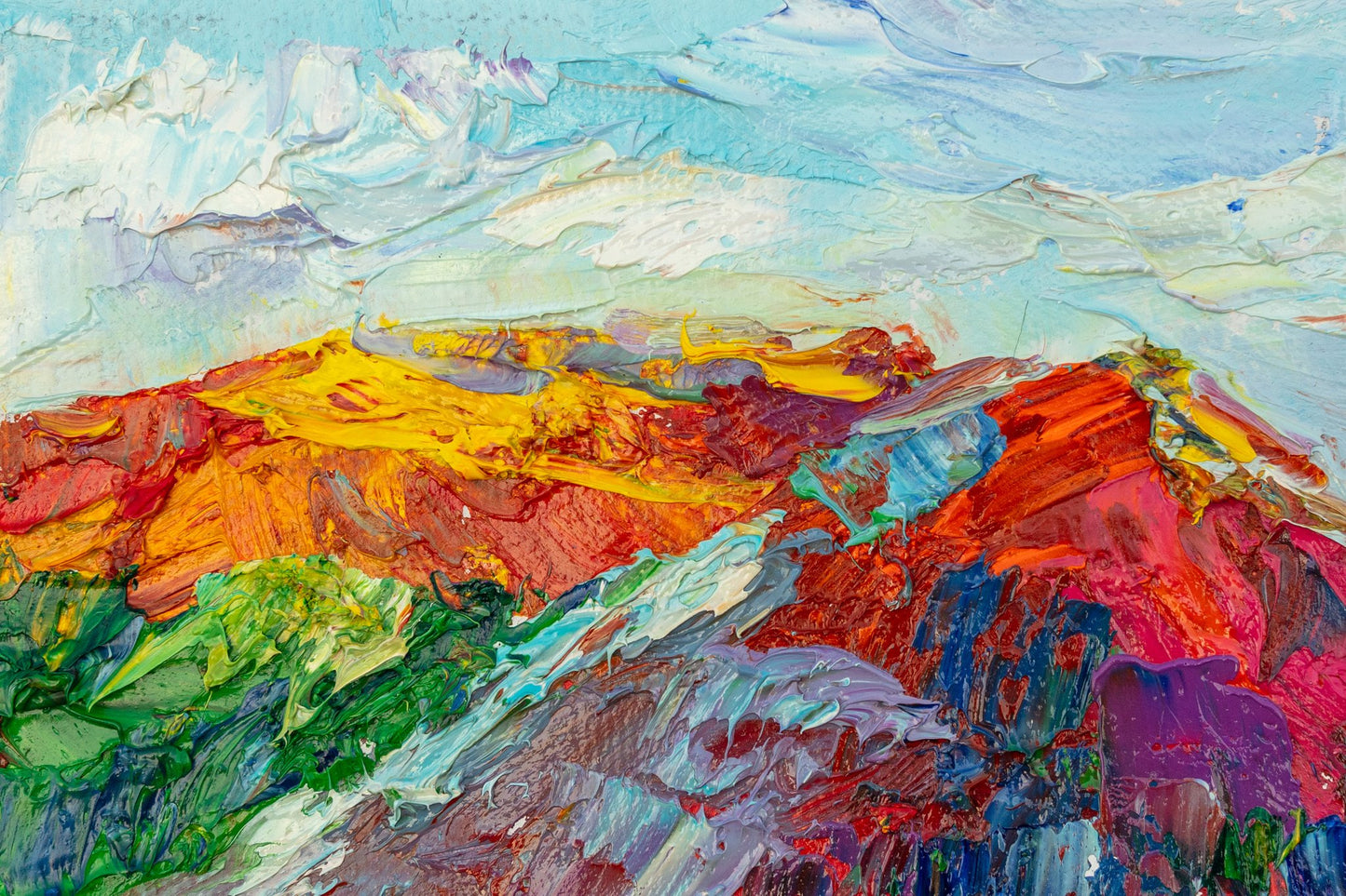 Abstract landscape oil painting with vibrant red, yellow, green, and blue hues, thick impasto brushwork, unframed on canvas