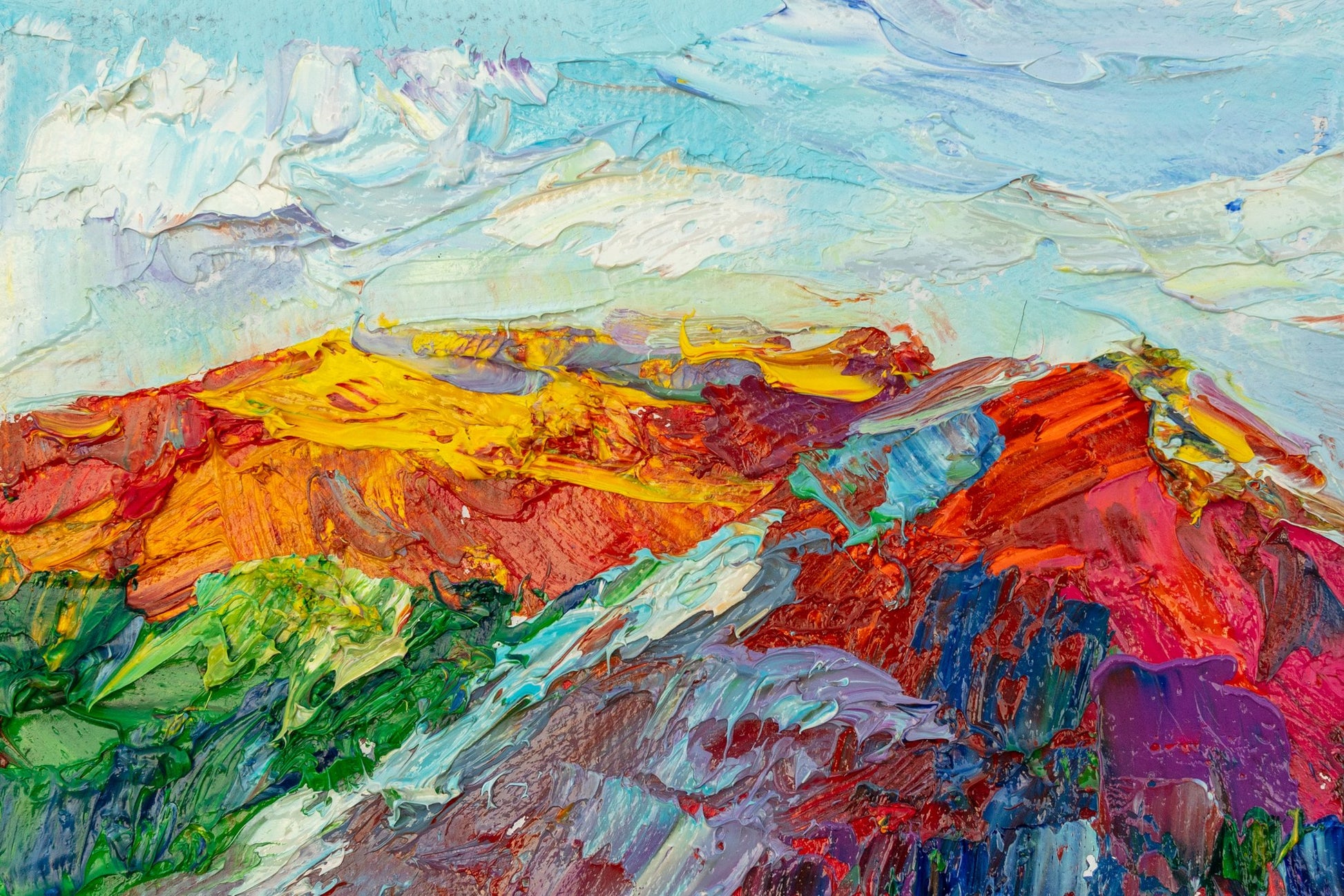 Abstract landscape oil painting with vibrant red, yellow, green, and blue hues, thick impasto brushwork, unframed on canvas