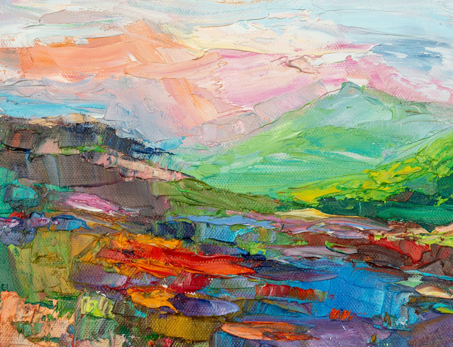 Expressive Mountain Vista by George Miller, unframed oil painting on canvas, vibrant abstract landscape with textured brushwork in green, blue, and red hues