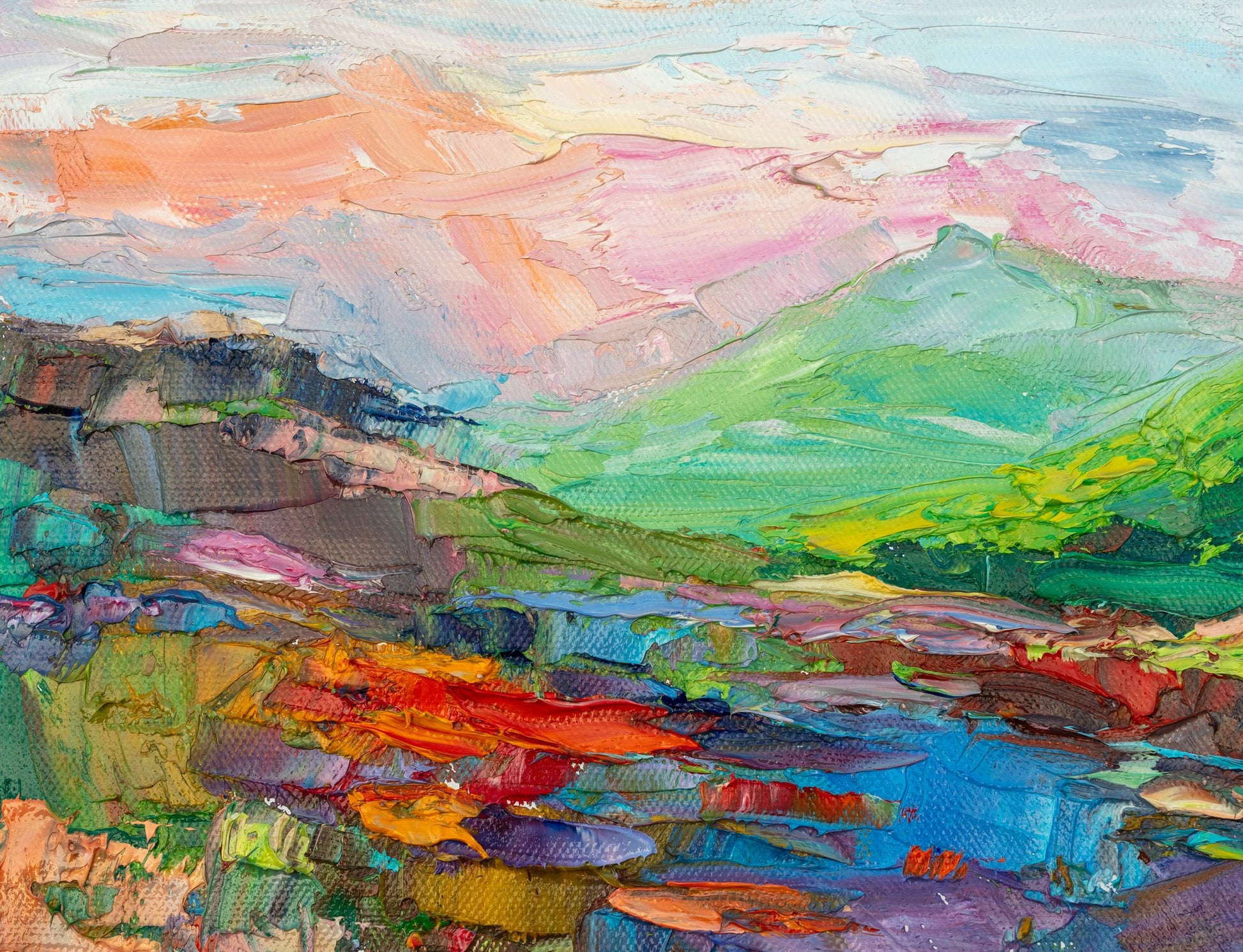 Expressive Mountain Vista by George Miller, unframed oil painting on canvas, vibrant abstract landscape with textured brushwork in green, blue, and red hues
