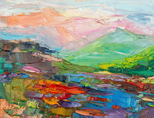 Expressive Mountain Vista by George Miller, unframed oil painting on canvas, vibrant abstract landscape with textured brushwork in green, blue, and red hues