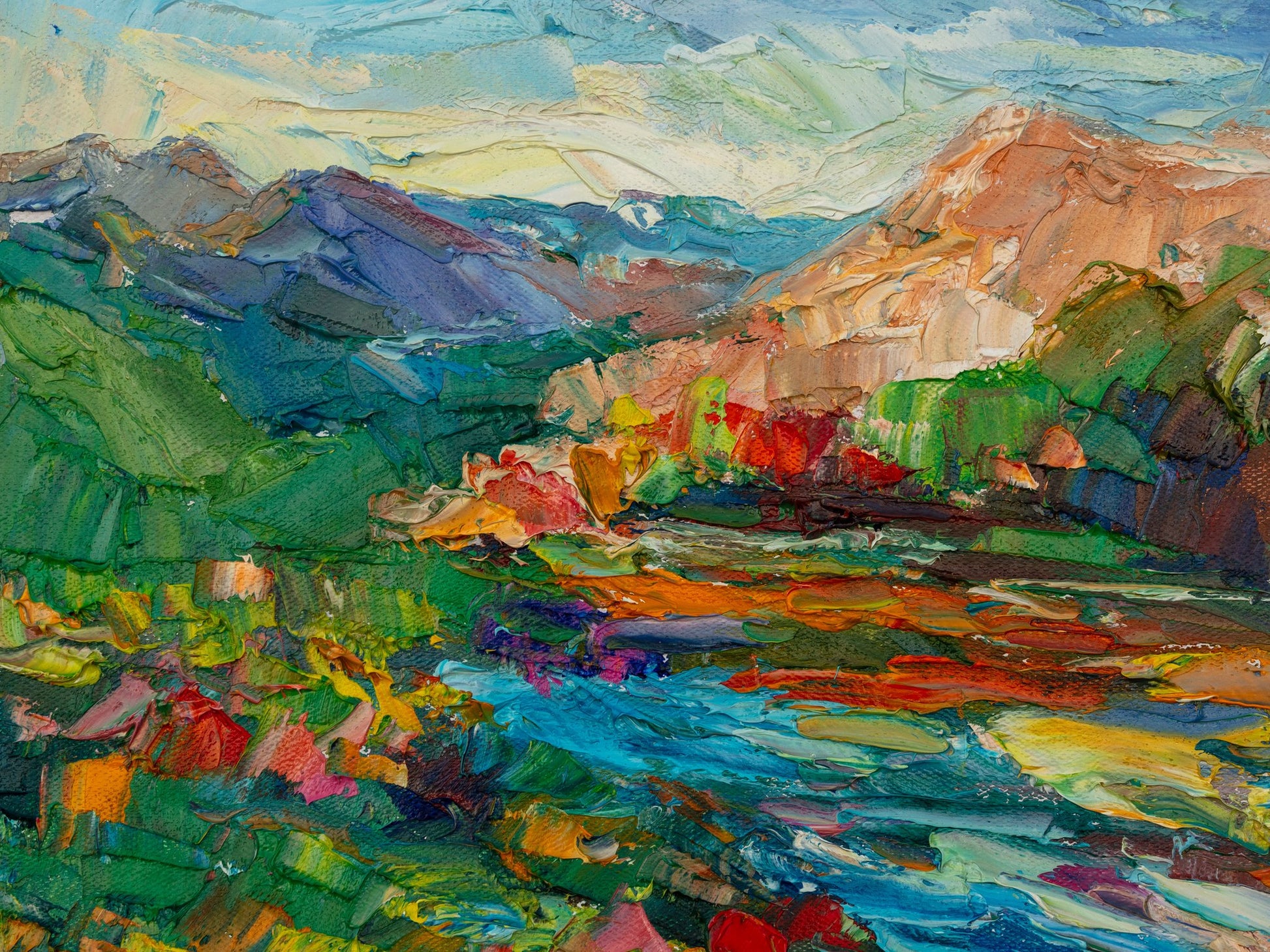 Abstract oil painting of a mountain river landscape with vibrant greens, blues, and browns; unframed canvas on neutral surface, textured brushwork