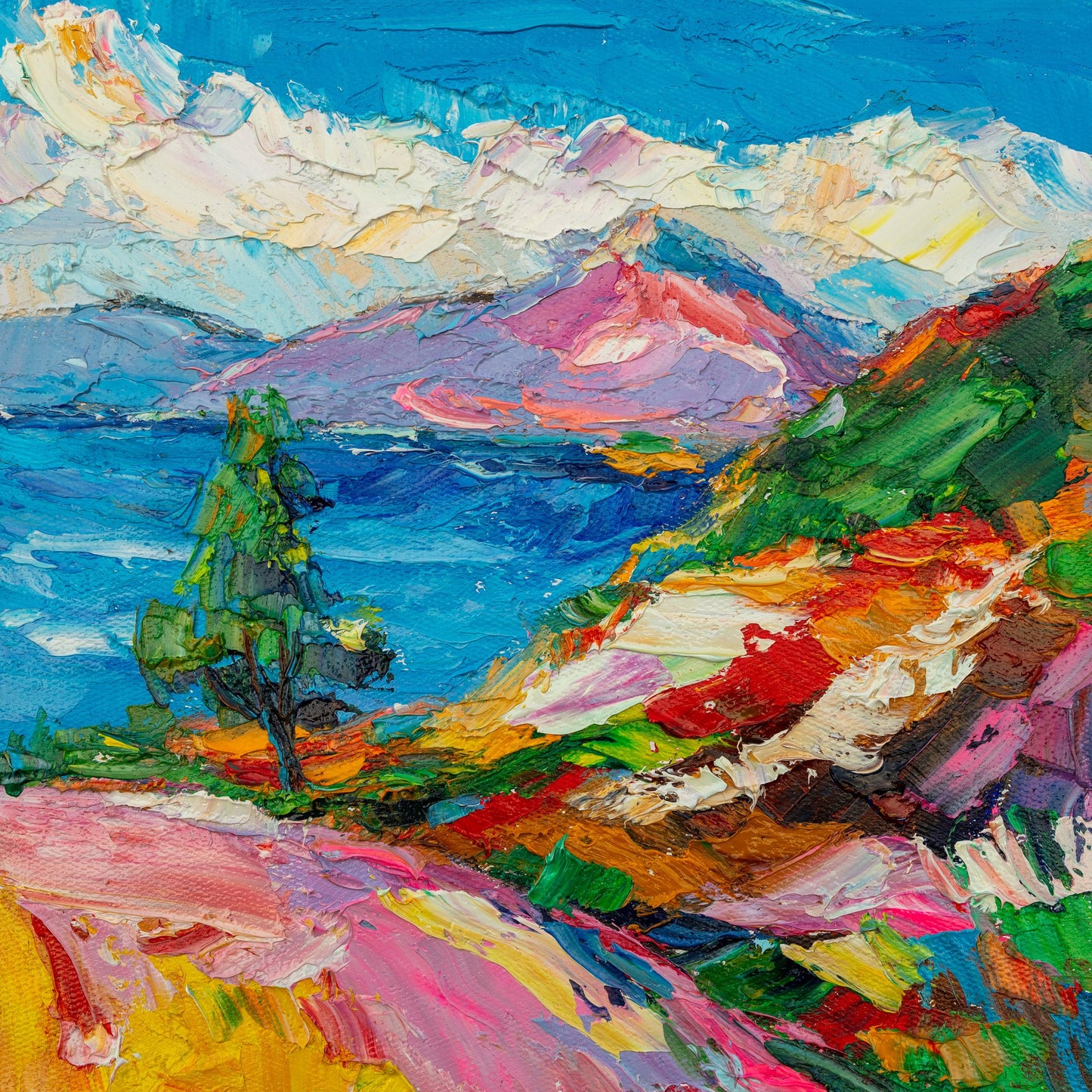 Vibrant oil painting of a mountain lake landscape with bold brushstrokes, unframed canvas on neutral surface