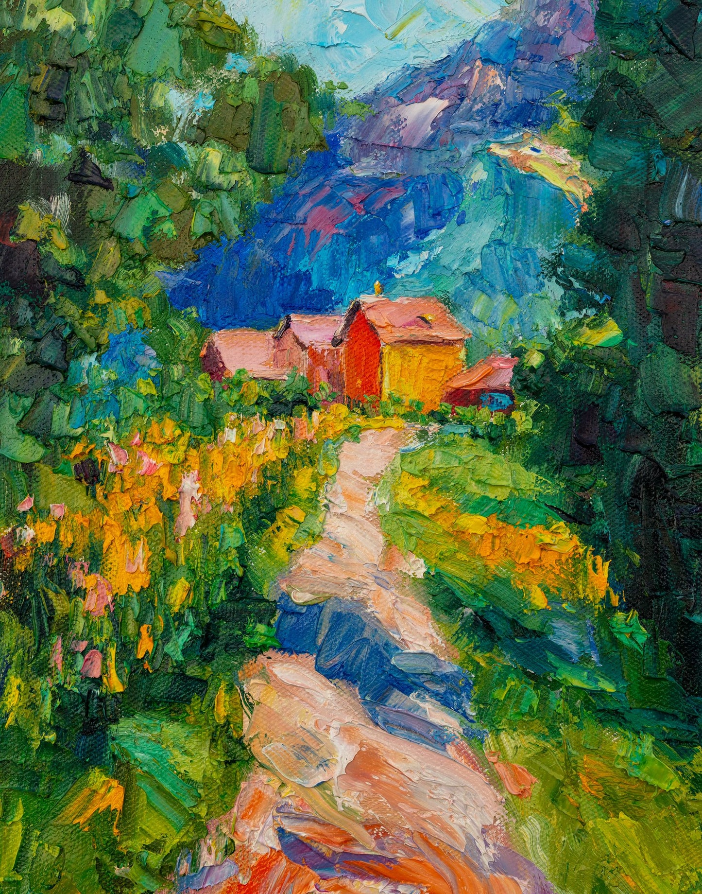Vertical oil painting of a mountain cottage with vibrant green, blue, and yellow hues; textured brushwork on unframed canvas, path leading to red-roofed house nestled in forested valley