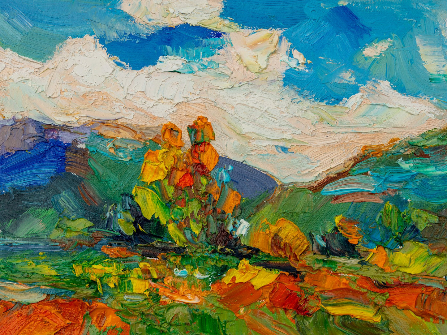 Expressive oil painting of a marigold field under a dynamic sky, unframed canvas with thick impasto brushwork and vibrant colors