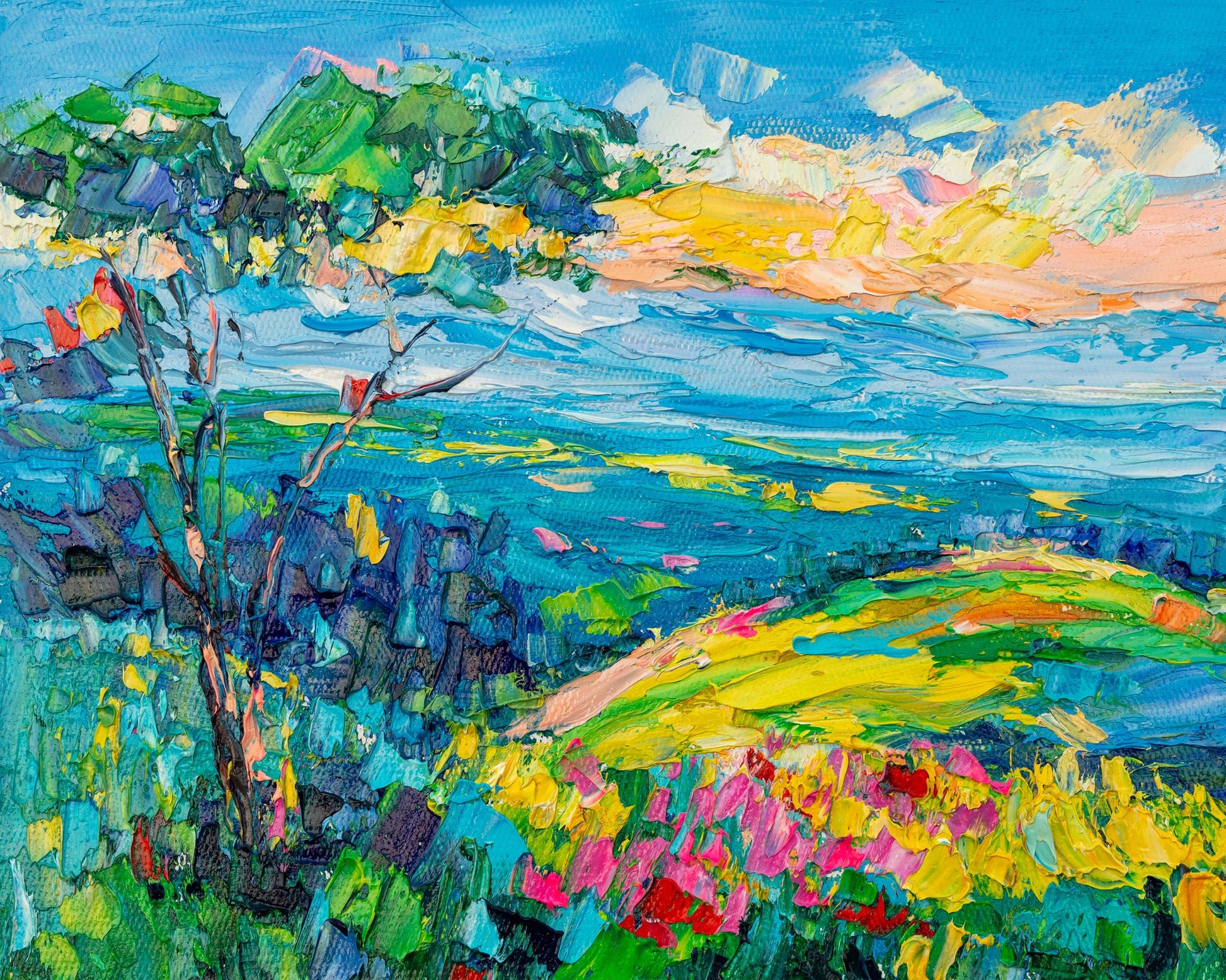 Vibrant oil painting of a colorful landscape with abstract brushwork, featuring blue skies, green hills, and yellow fields, unframed on canvas