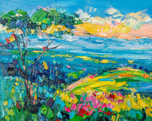Vibrant oil painting of a colorful landscape with abstract brushwork, featuring blue skies, green hills, and yellow fields, unframed on canvas