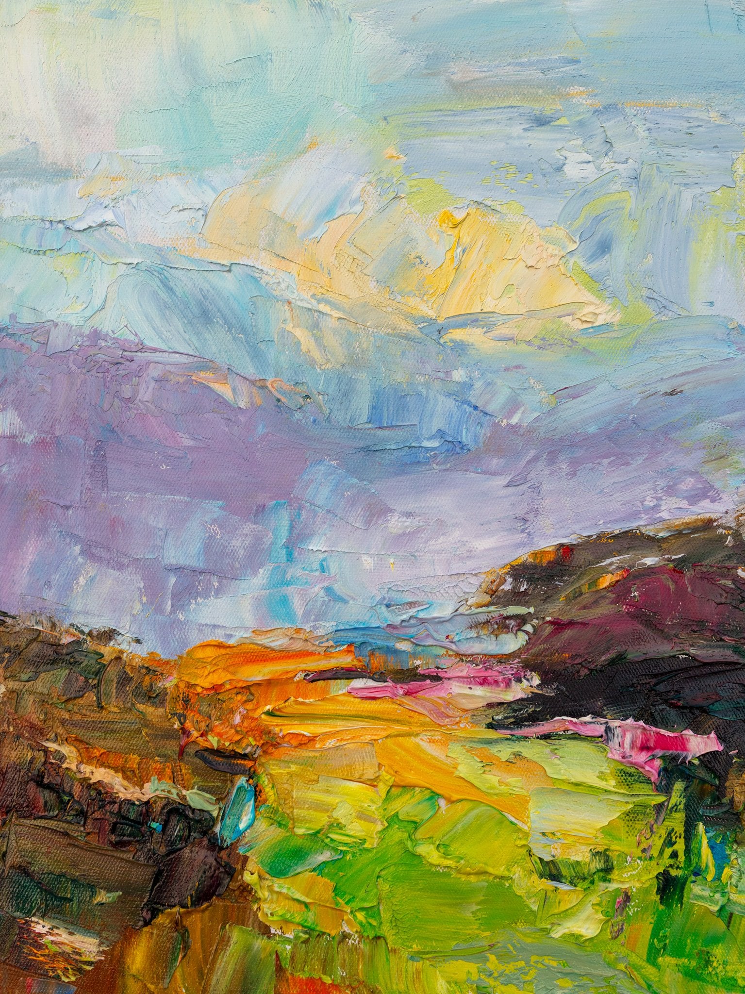 Vertical abstract landscape oil painting with bold palette knife textures in blue, green, and yellow, unframed on canvas