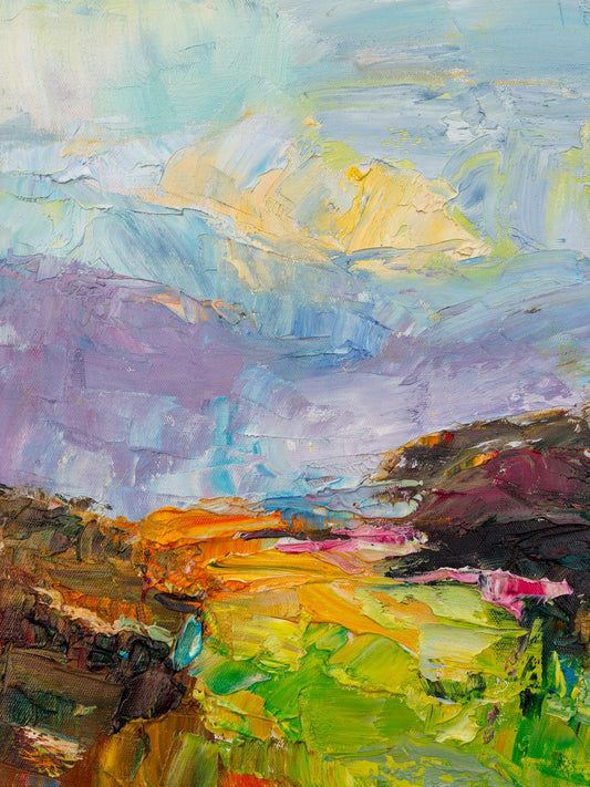 Vertical abstract landscape oil painting with bold palette knife textures in blue, green, and yellow, unframed on canvas
