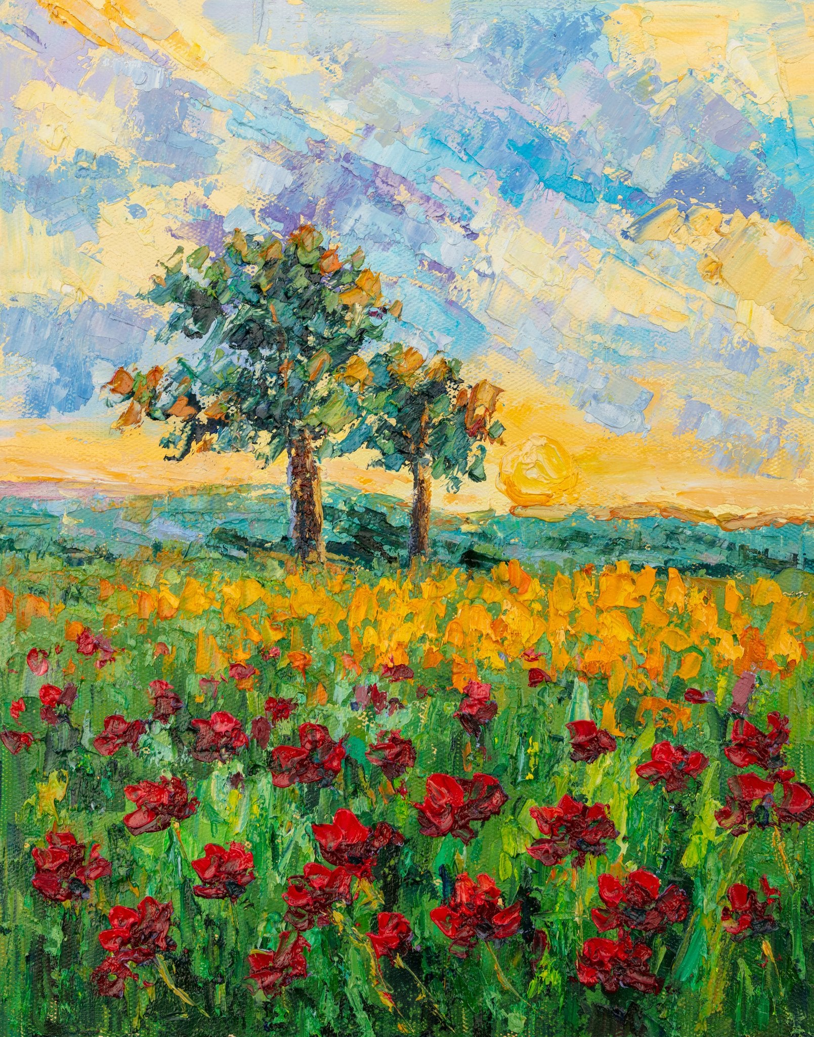 Vertical oil painting of a poppy field at sunset with vibrant red flowers, green grass, and two trees under a golden sky; unframed canvas on neutral surface