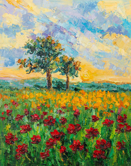 Vertical oil painting of a poppy field at sunset with vibrant red flowers, green grass, and two trees under a golden sky; unframed canvas on neutral surface