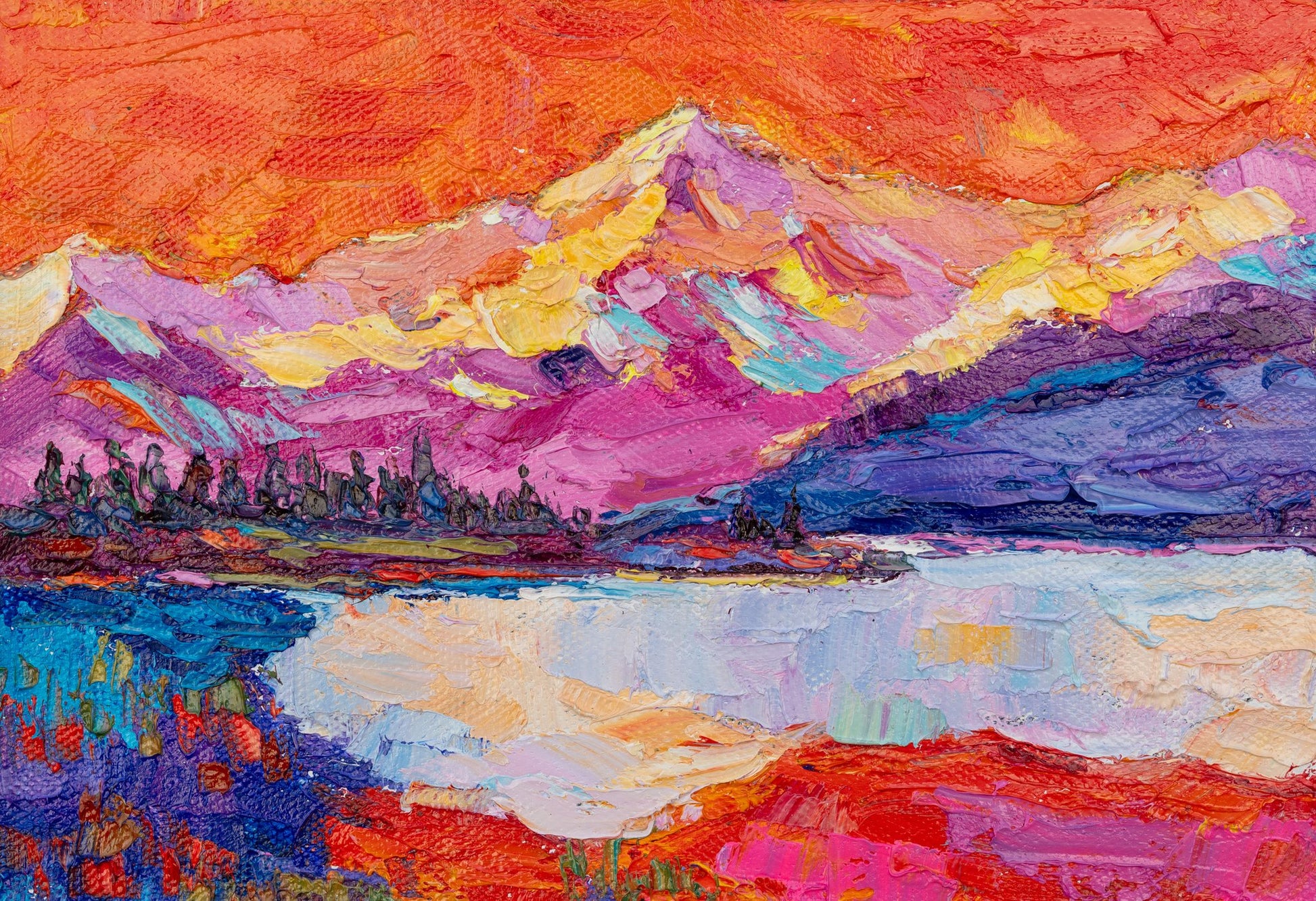 Hand-painted mountain sunset landscape in vibrant red, purple, and blue hues on canvas, unframed, horizontal composition with textured oil brushwork