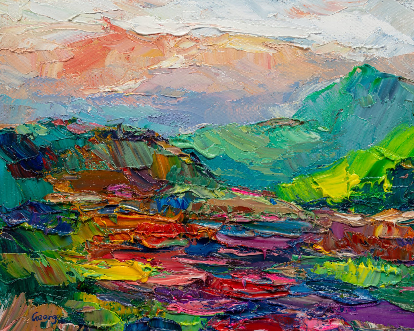 Vibrant expressionist oil painting of a mountain landscape with bold green, blue, and red hues, textured brushwork, unframed on canvas