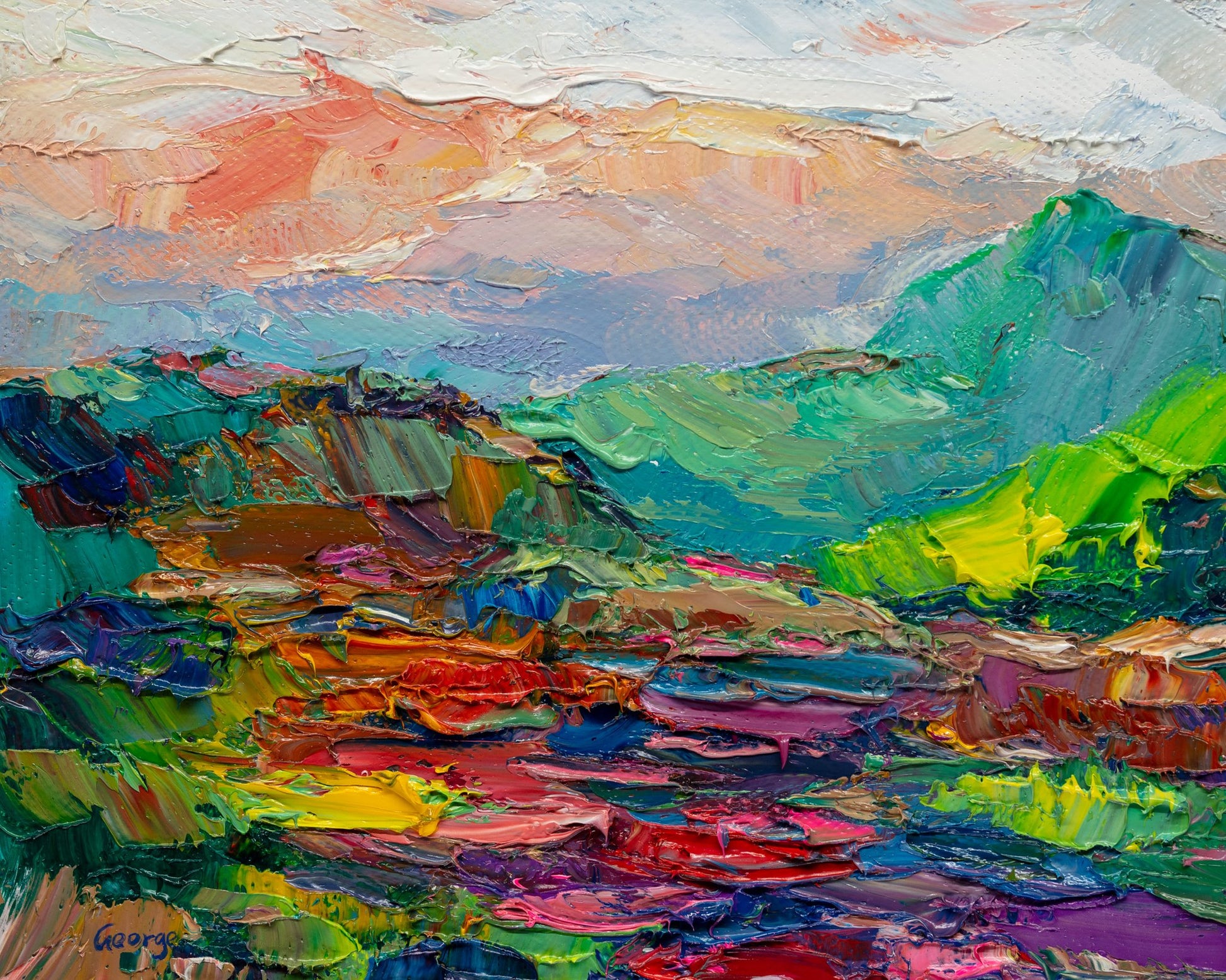 Vibrant expressionist oil painting of a mountain landscape with bold green, blue, and red hues, textured brushwork, unframed on canvas