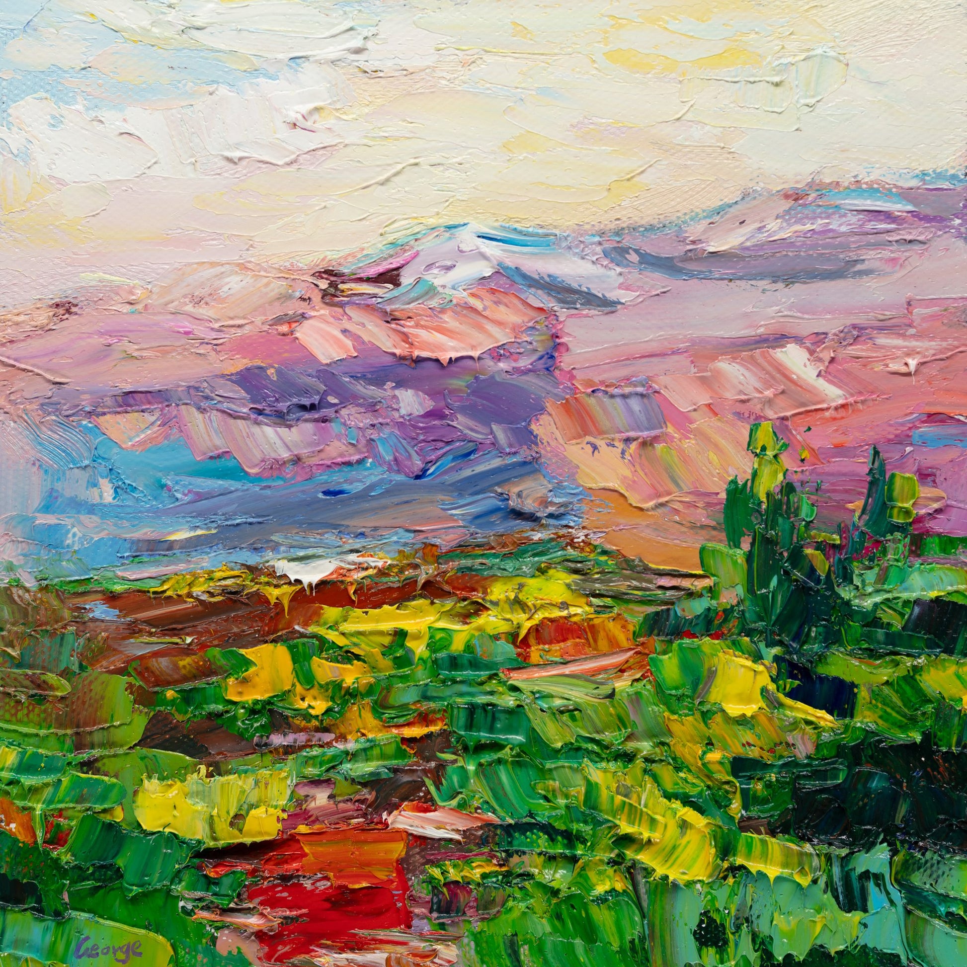 Unframed oil painting of a desert sunset with vibrant green, blue, and pink hues, textured brushwork, and cacti in the foreground on canvas