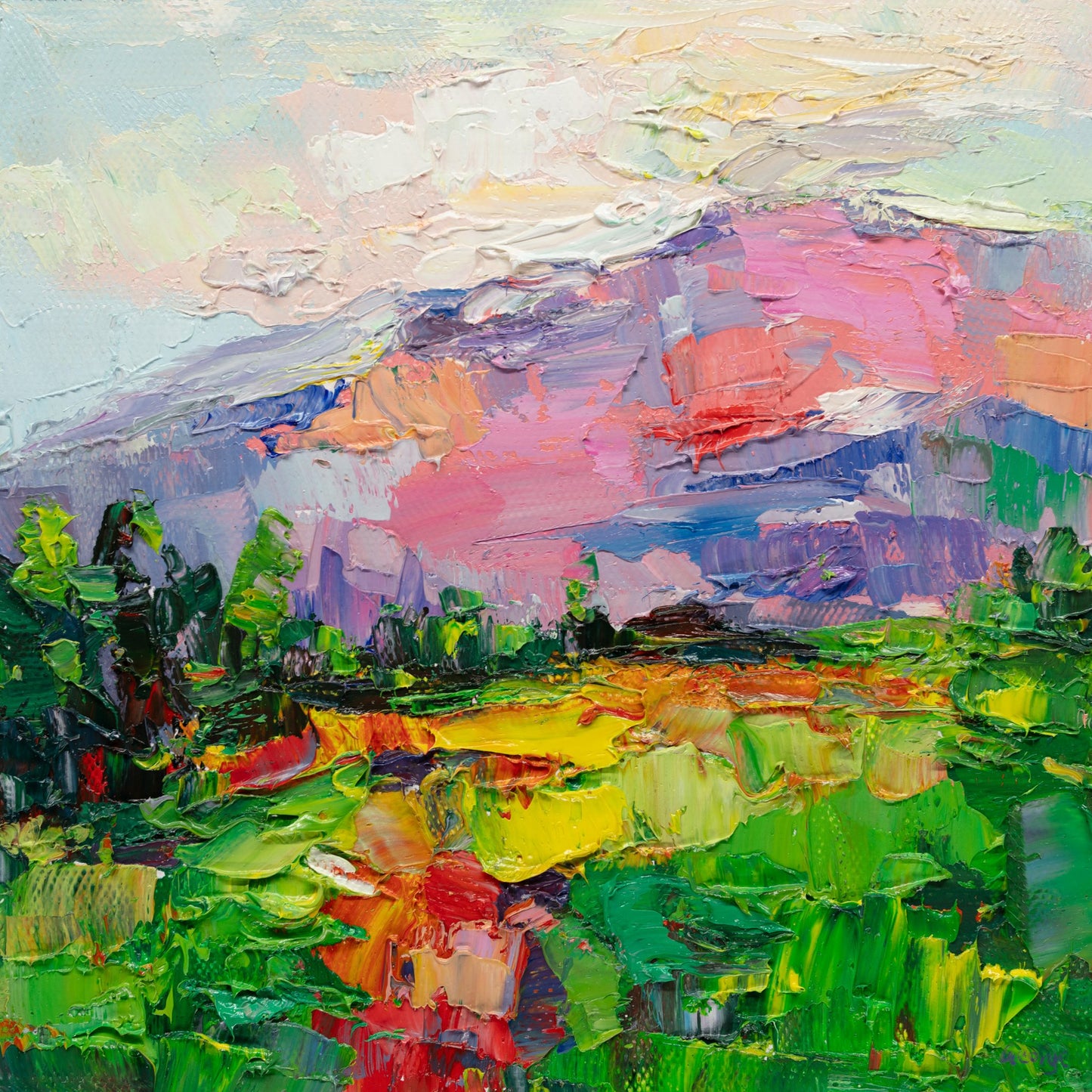Unframed oil painting on canvas depicting a vibrant mountain sunset with thick impasto texture, featuring green forests, pink and blue mountains, and a reflective lake under a soft sky