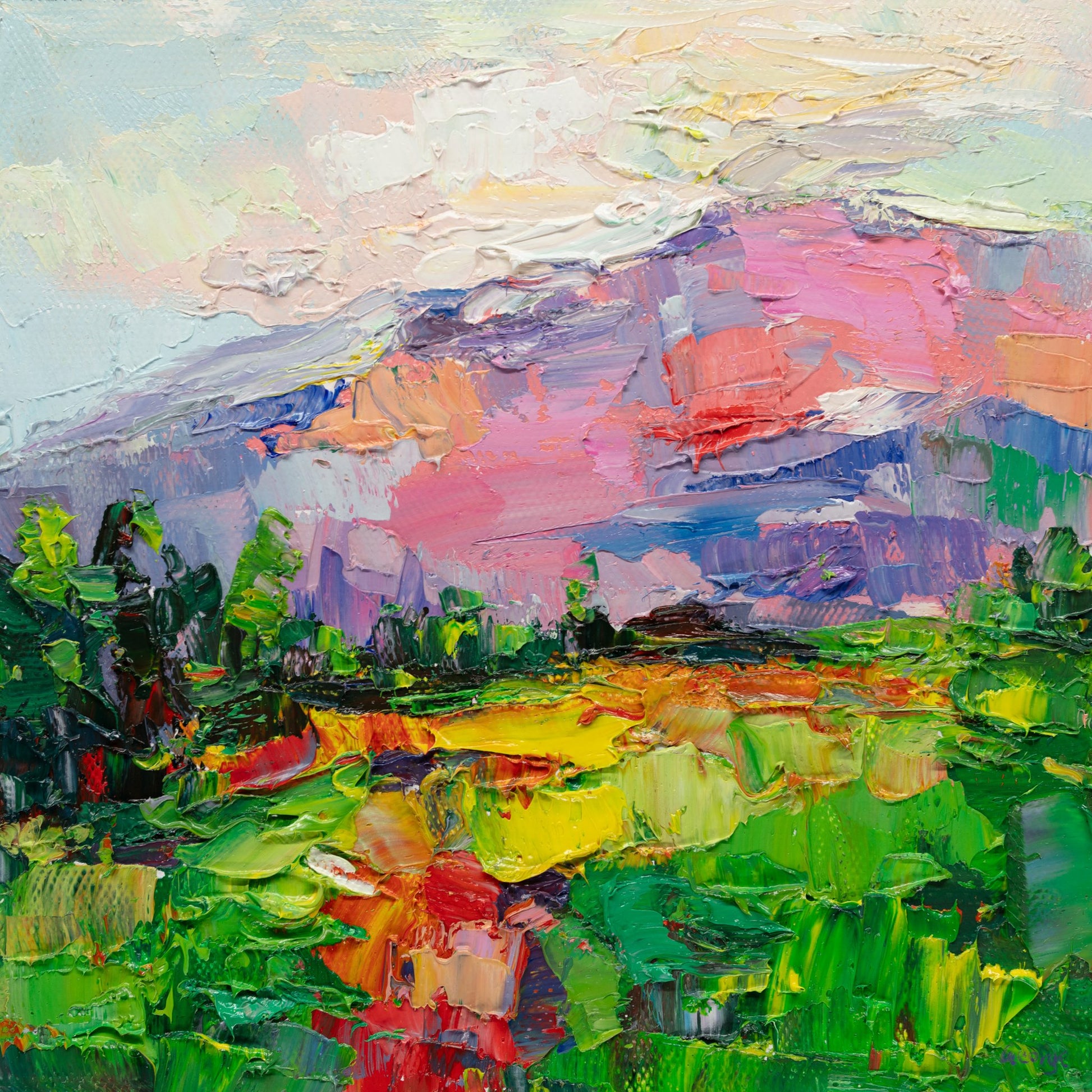 Unframed oil painting on canvas depicting a vibrant mountain sunset with thick impasto texture, featuring green forests, pink and blue mountains, and a reflective lake under a soft sky