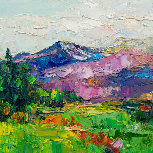 Expressive oil painting of a mountain landscape with vibrant greens, purples, and blues, unframed on canvas, textured brushwork visible