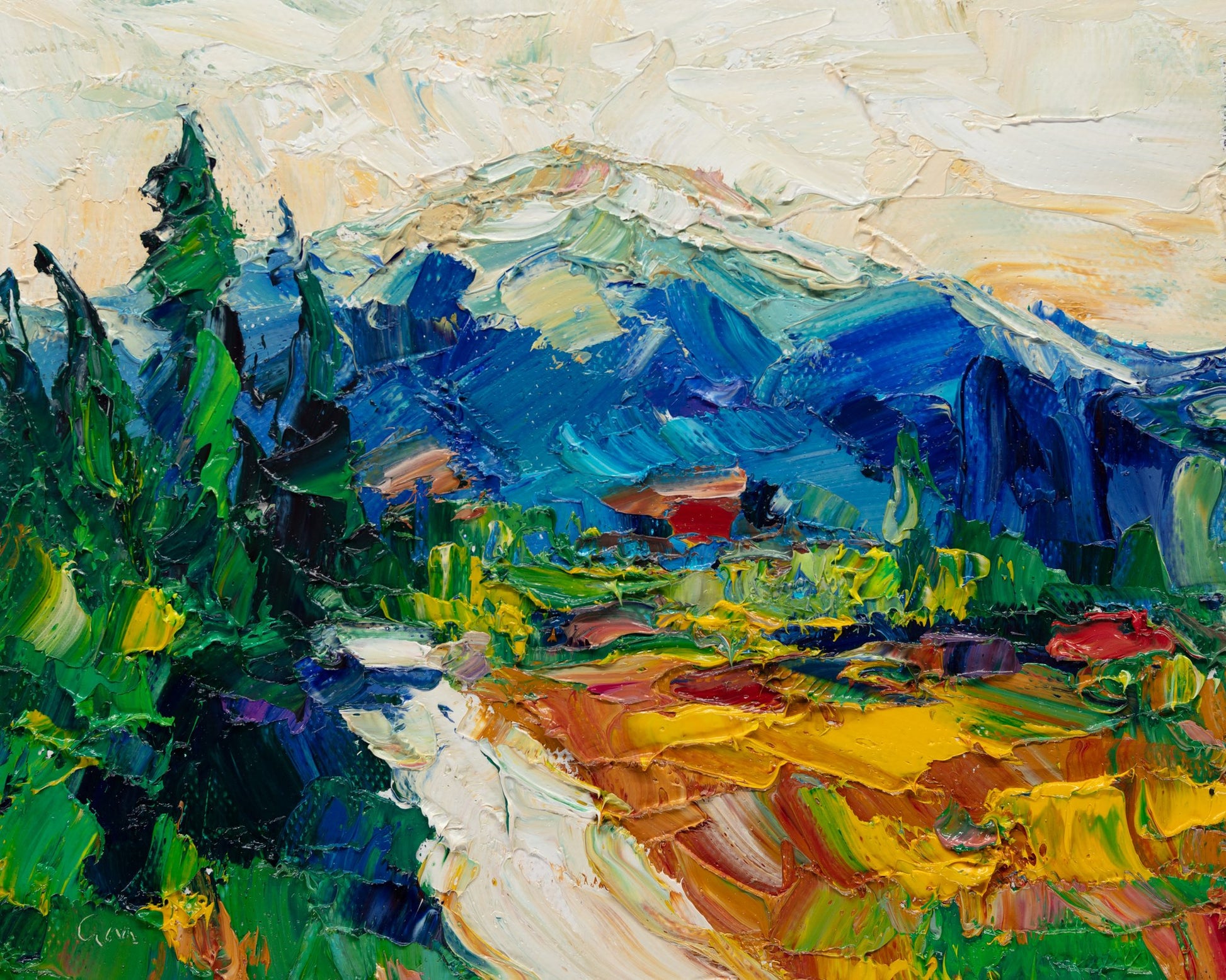 Unframed oil painting of a mountain valley landscape with vibrant green trees, blue peaks, and golden fields, textured brushwork on canvas