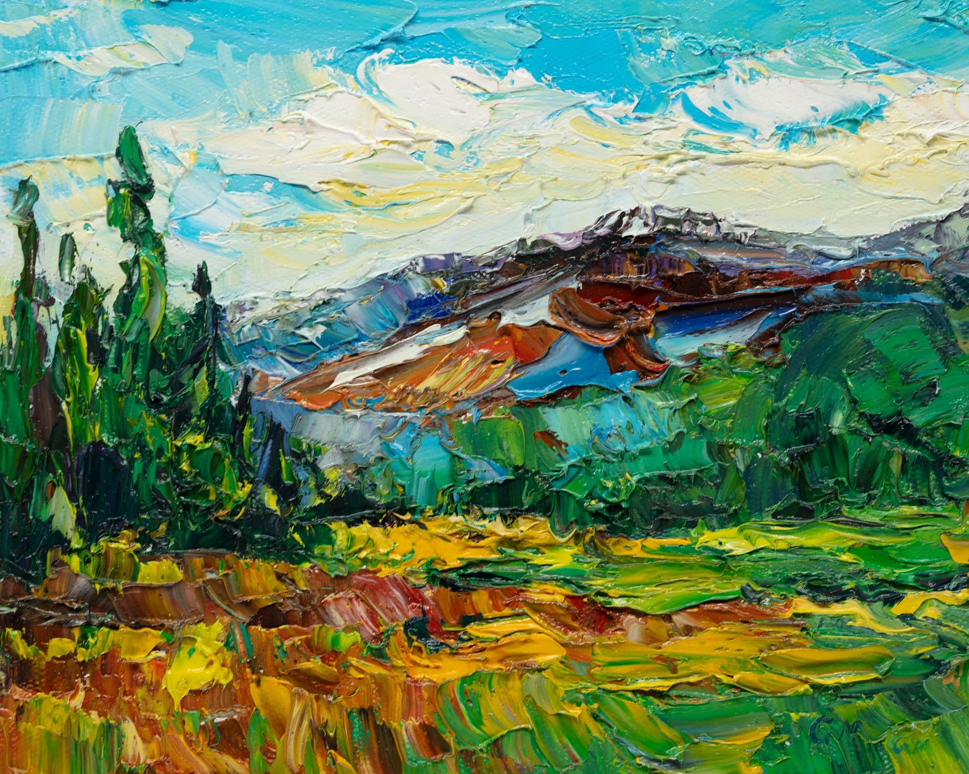 Impasto oil painting of a mountain landscape with vibrant green, blue, and yellow hues, thick textured brushwork, unframed on canvas
