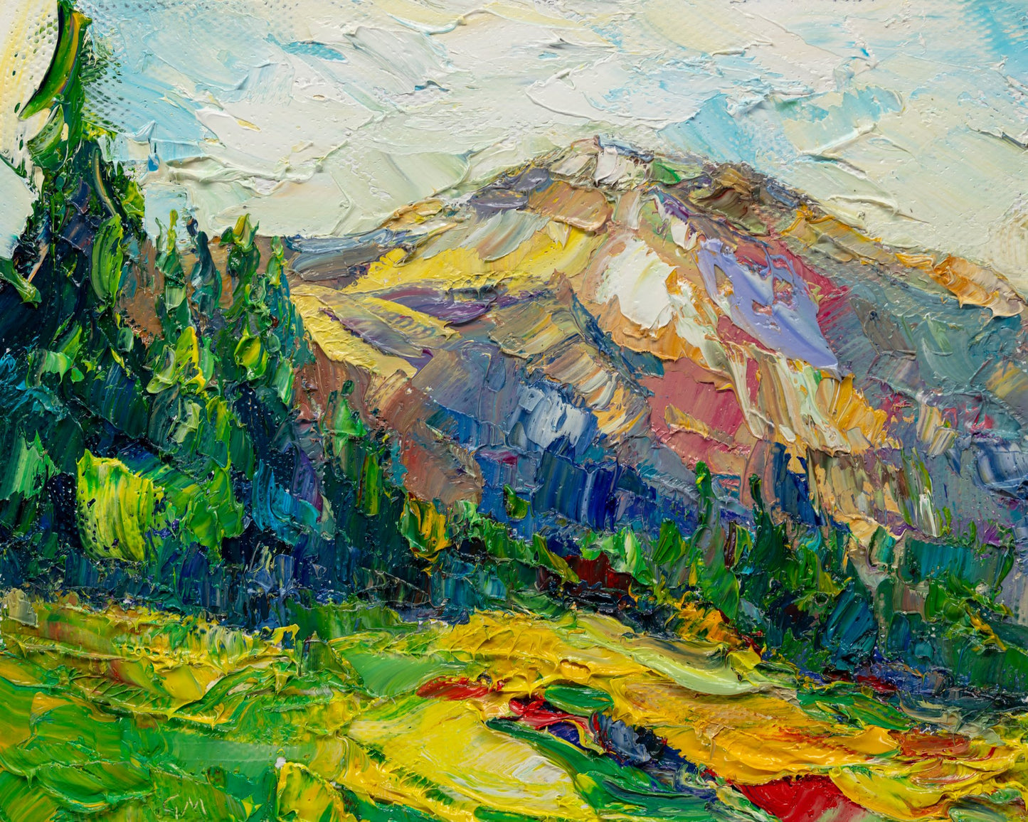 Unframed oil painting of a vibrant mountain landscape with textured brushwork in green, yellow, and blue hues on canvas