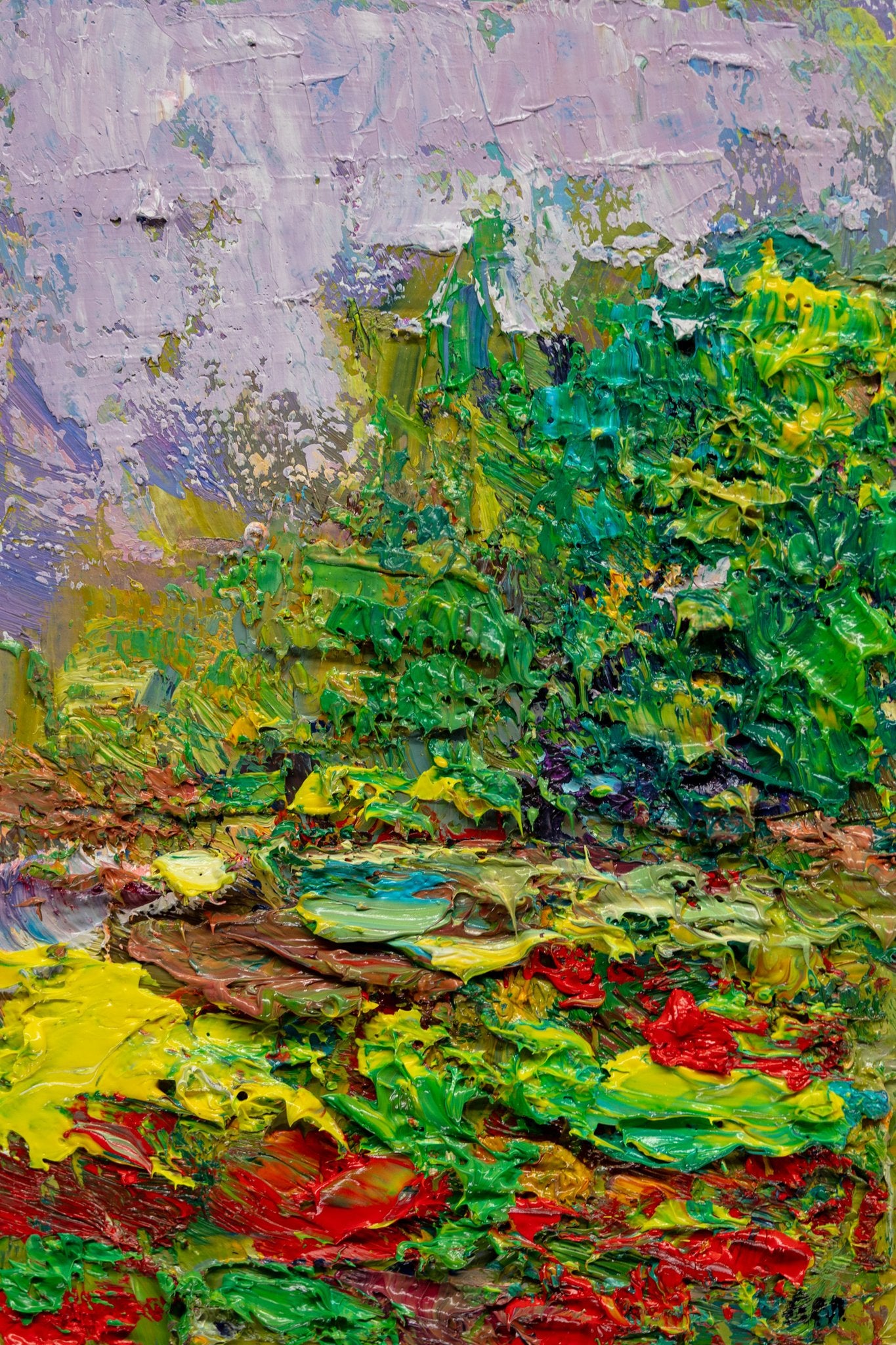 Vertical oil painting on canvas depicting a vibrant garden scene with thick impasto brushwork in green, red, and yellow; unframed, displayed flat on neutral surface
