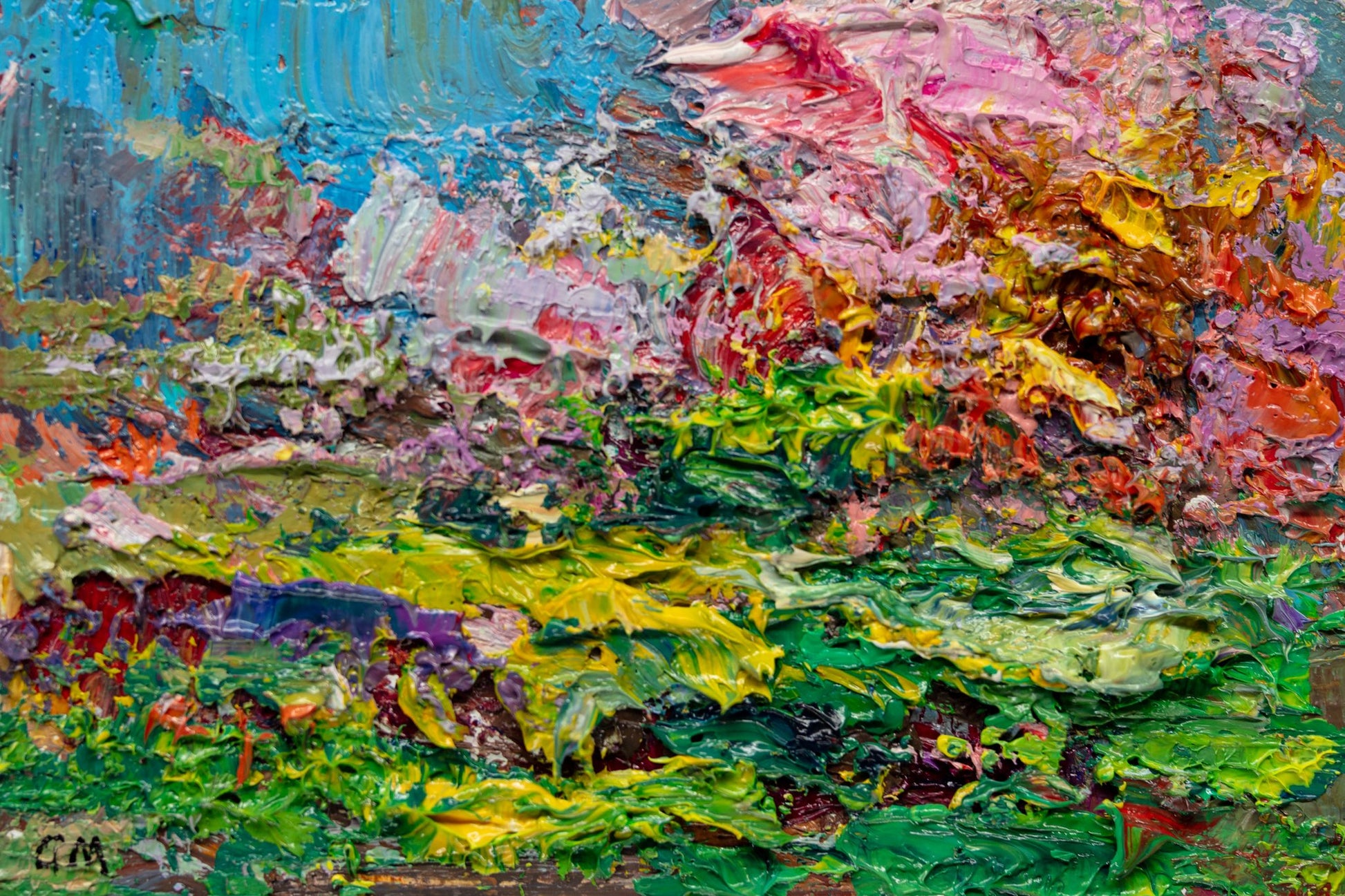 Abstract landscape oil painting with thick impasto texture in vibrant greens, blues, and reds, unframed on canvas, signed by artist