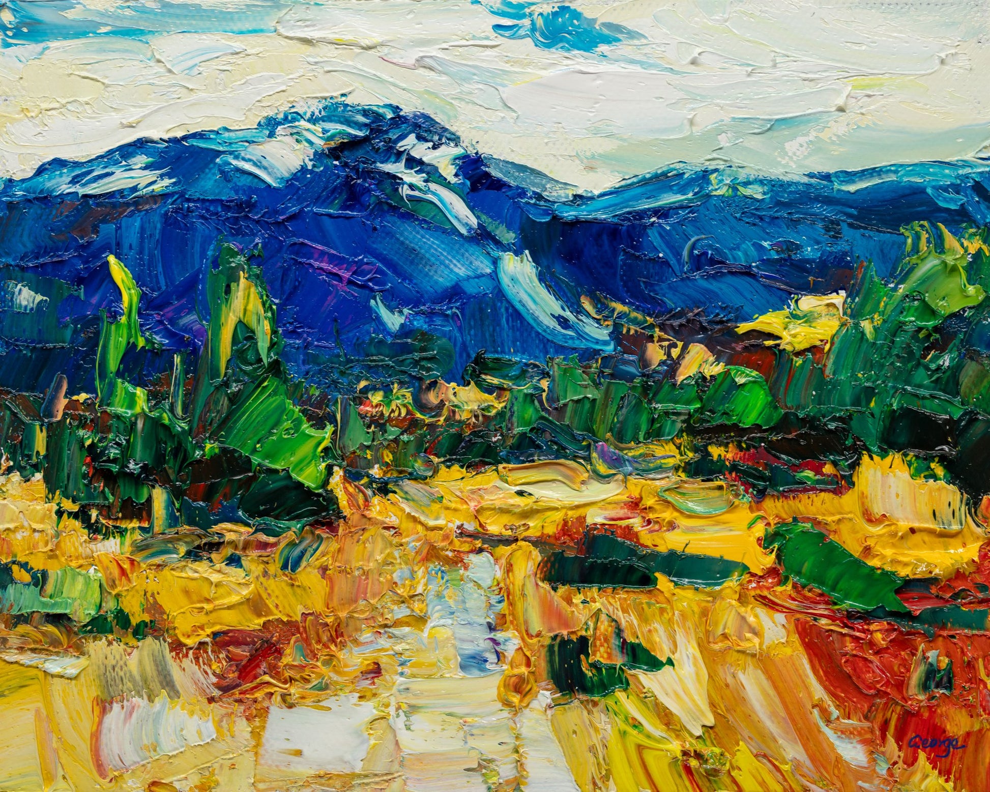 Palette knife oil painting of a mountain landscape with bold blue peaks, green trees, and golden fields, unframed on canvas
