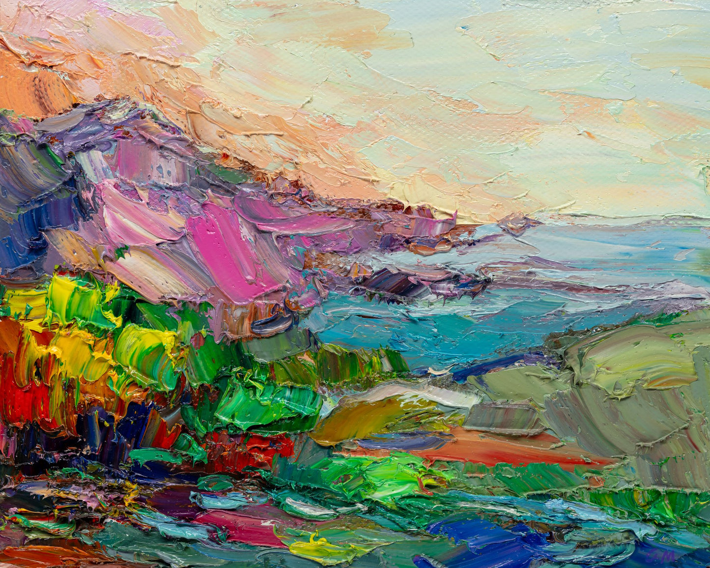 Abstract coastal landscape oil painting with vibrant blues, greens, and pinks, textured brushwork on unframed canvas