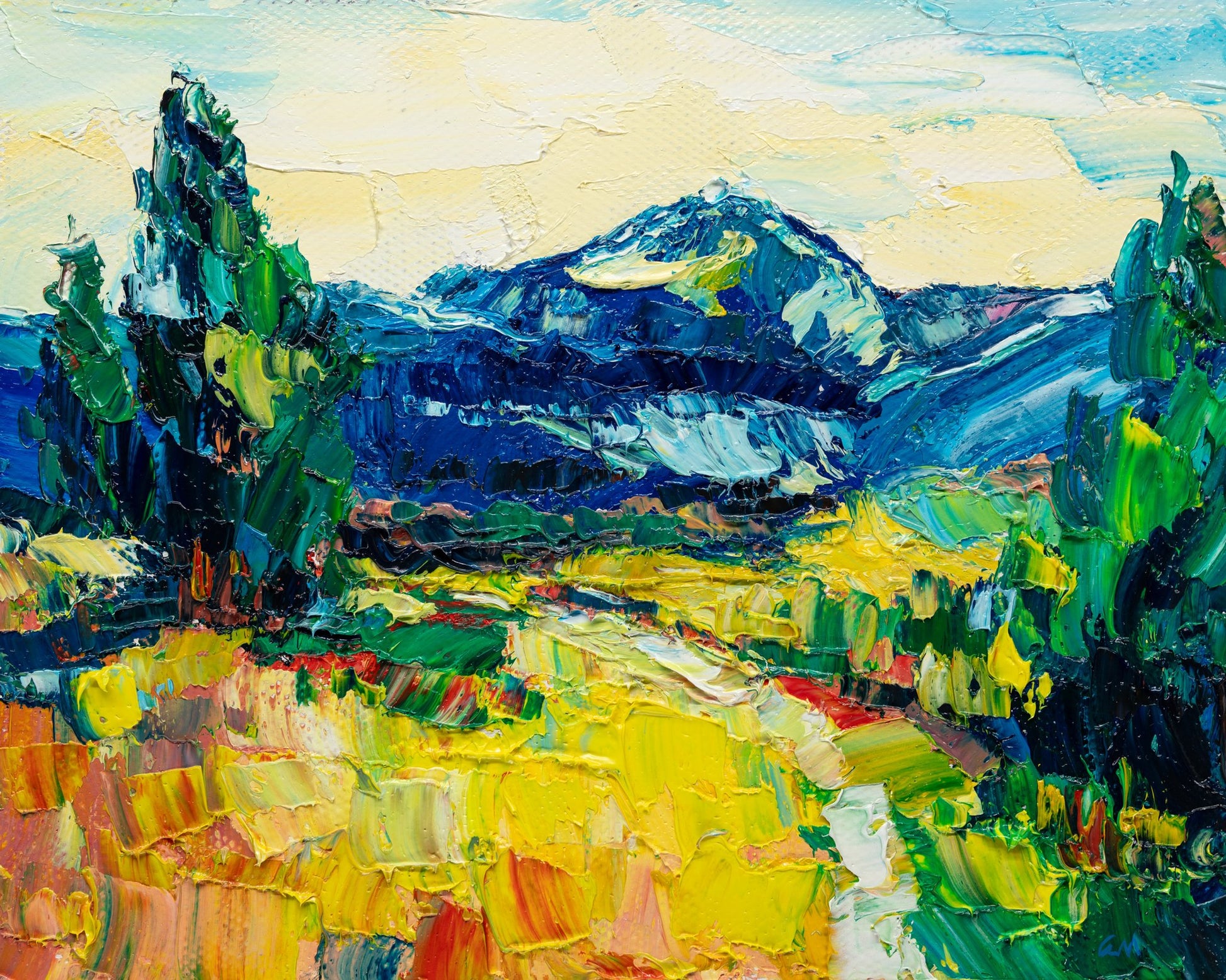 Vibrant oil painting of a mountain landscape with bold blues, greens, and yellows; thick impasto brushwork on unframed canvas
