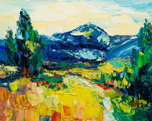 Vibrant oil painting of a mountain landscape with bold blues, greens, and yellows; thick impasto brushwork on unframed canvas