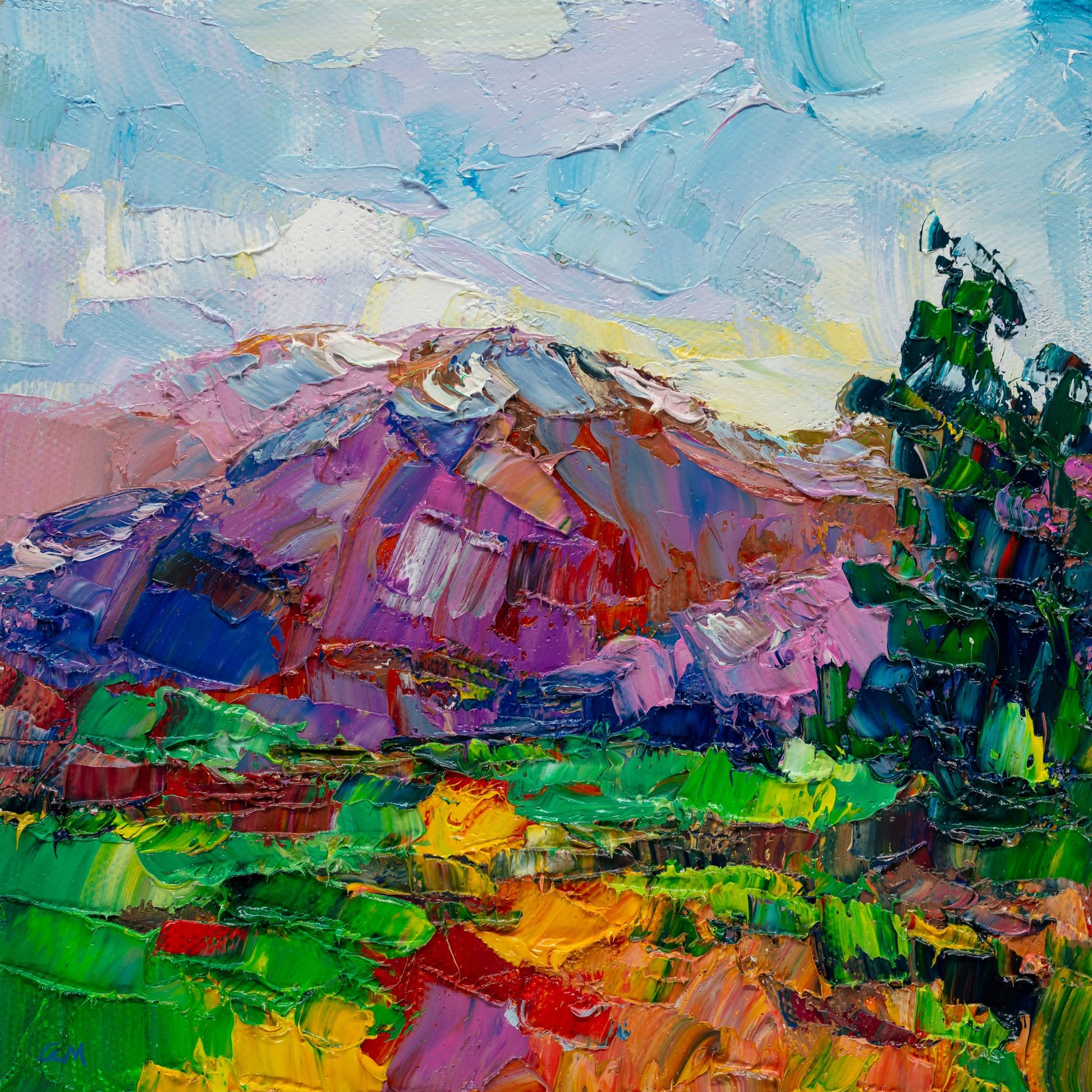 Vibrant oil painting of autumn mountains with bold brushstrokes in purple, green, and blue; unframed canvas on neutral surface