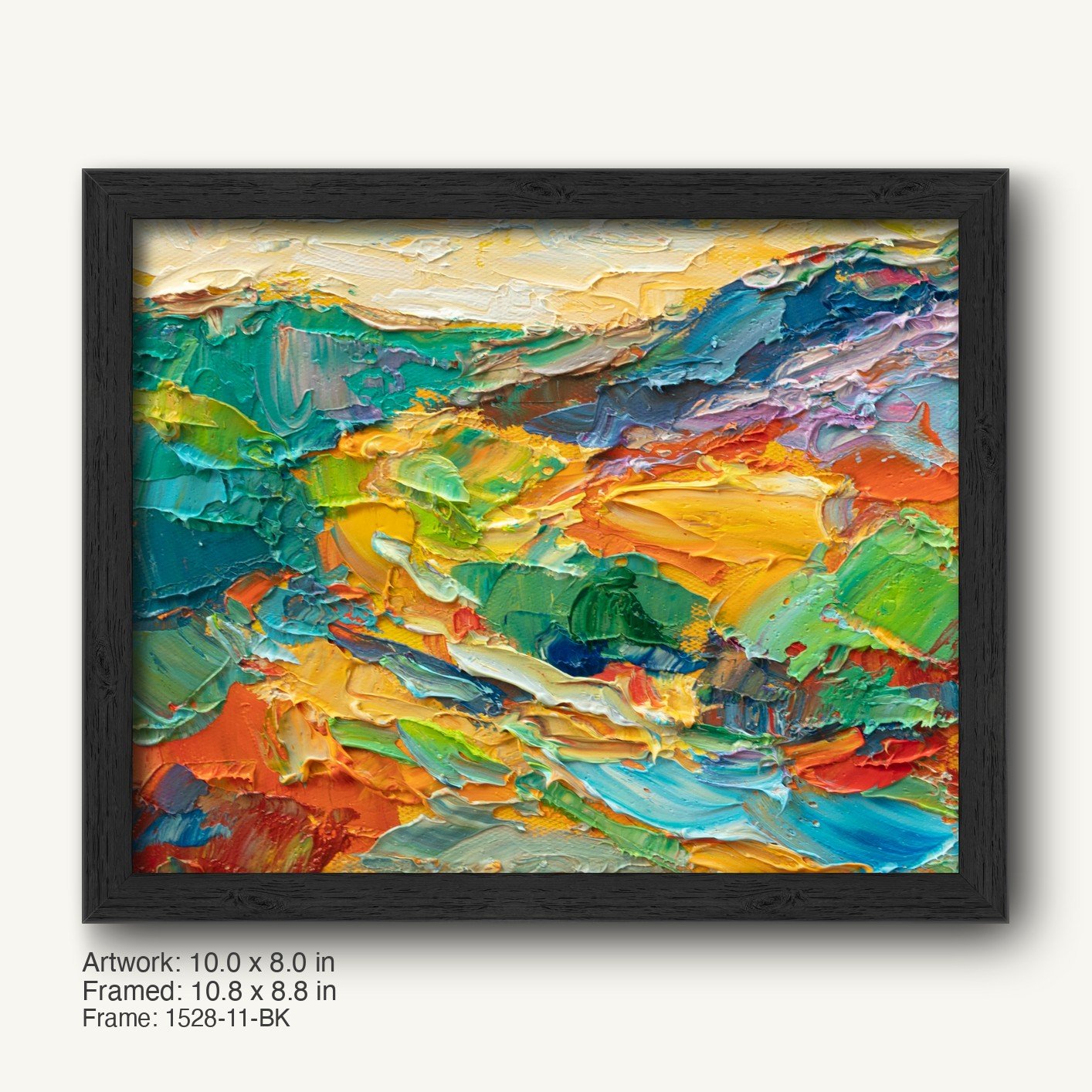 Abstract landscape oil painting with impasto texture in a black modern slim frame, vibrant colors of blue, green, orange, red, and yellow on canvas