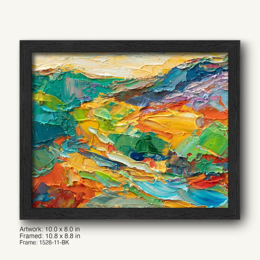 Abstract landscape oil painting with impasto texture in a black modern slim frame, vibrant colors of blue, green, orange, red, and yellow on canvas