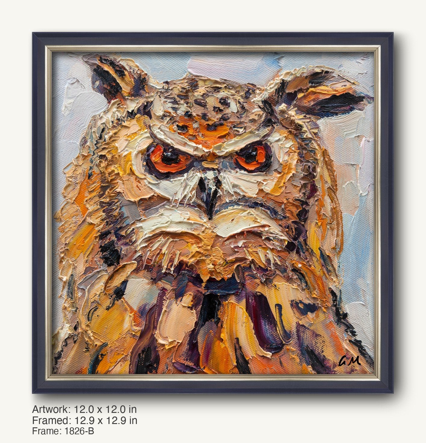 Textured oil painting of an owl with bold orange eyes and layered brushwork, framed in a dark wood frame with silver inner edge, vertical composition