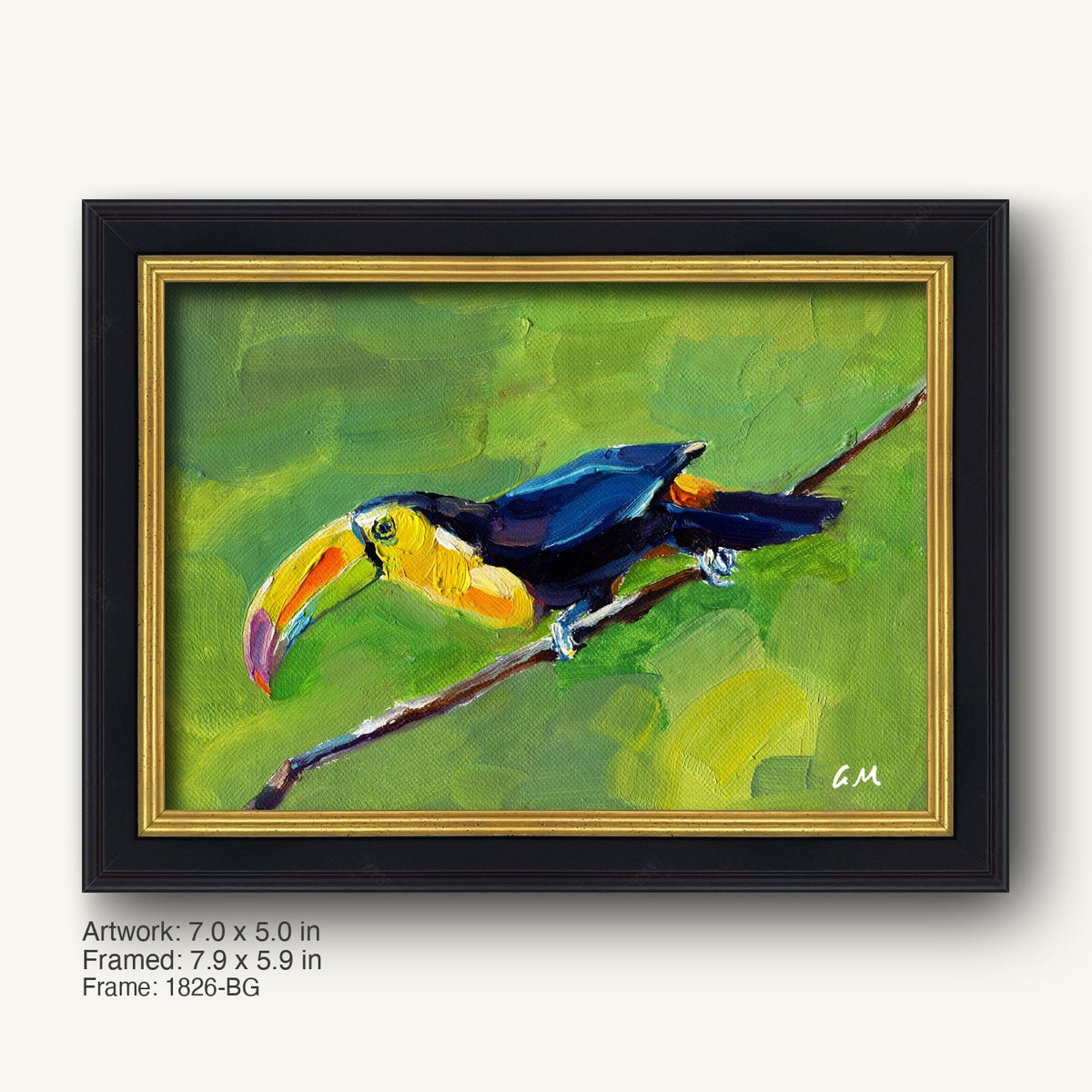 Vibrant oil painting of a toucan perched on a branch, framed in black with gold inner liner, showcasing bold greens, yellows, and blues against a textured background.