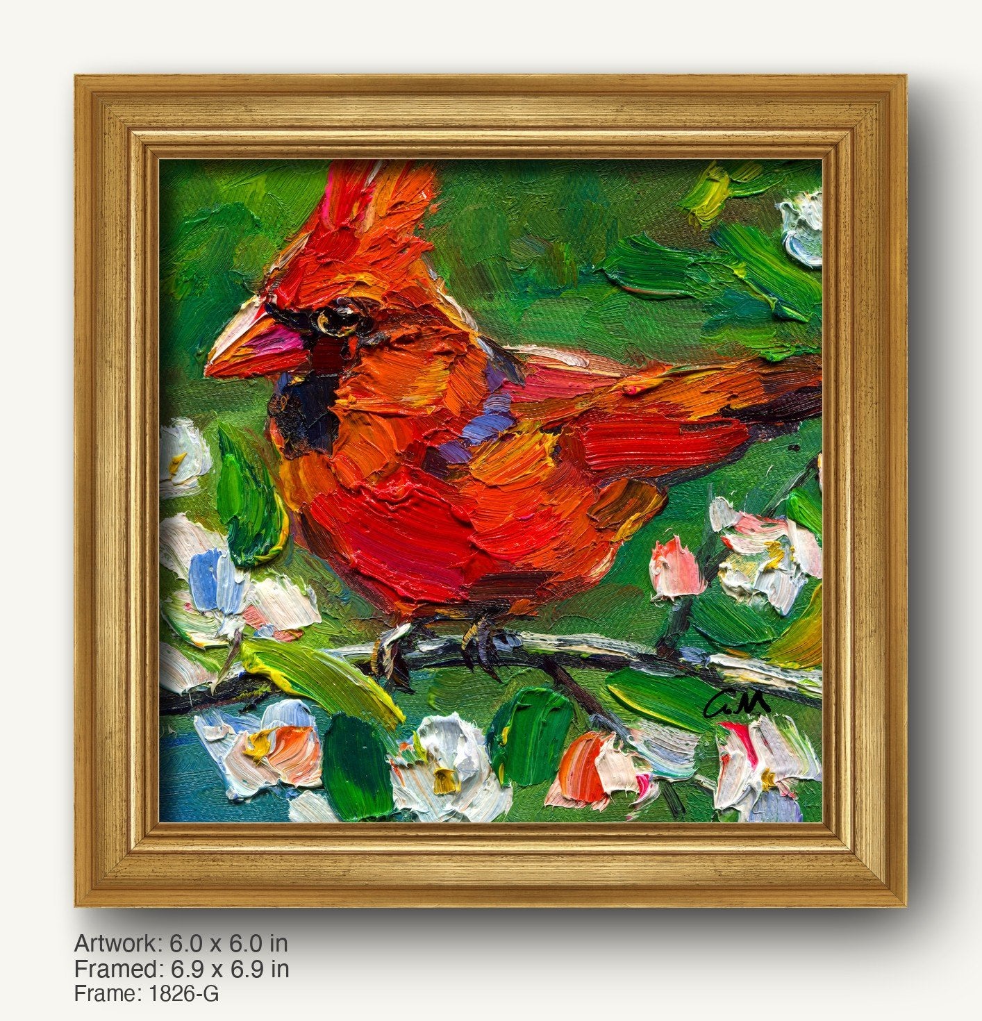 Vibrant oil painting of a red cardinal perched on a floral branch, rendered in thick impasto style, displayed in a warm gold ornate frame with classic profile and subtle texture.