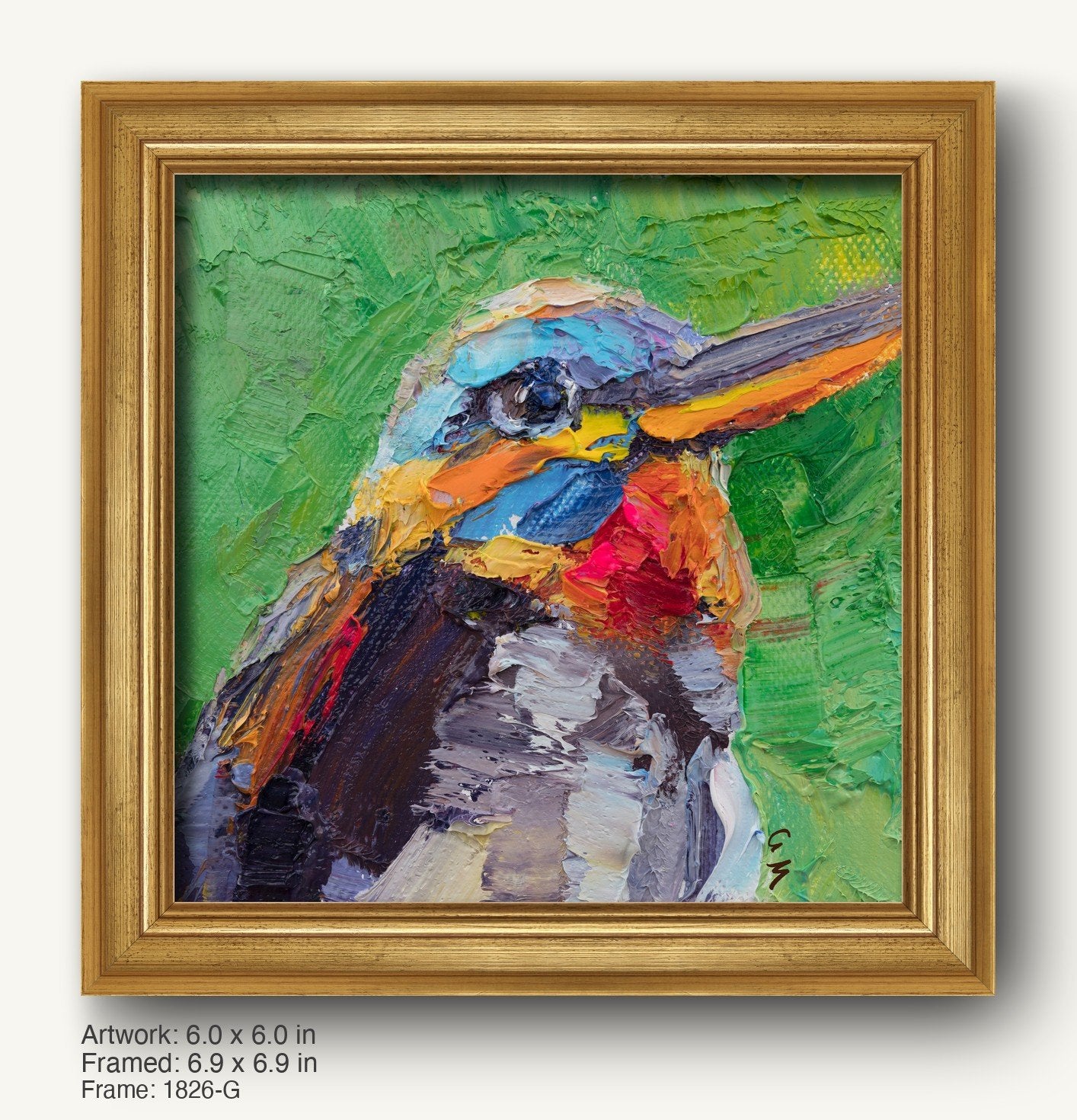 Expressive oil painting of a colorful bird on canvas, framed in warm gold ornate frame with textured finish, set against green background
