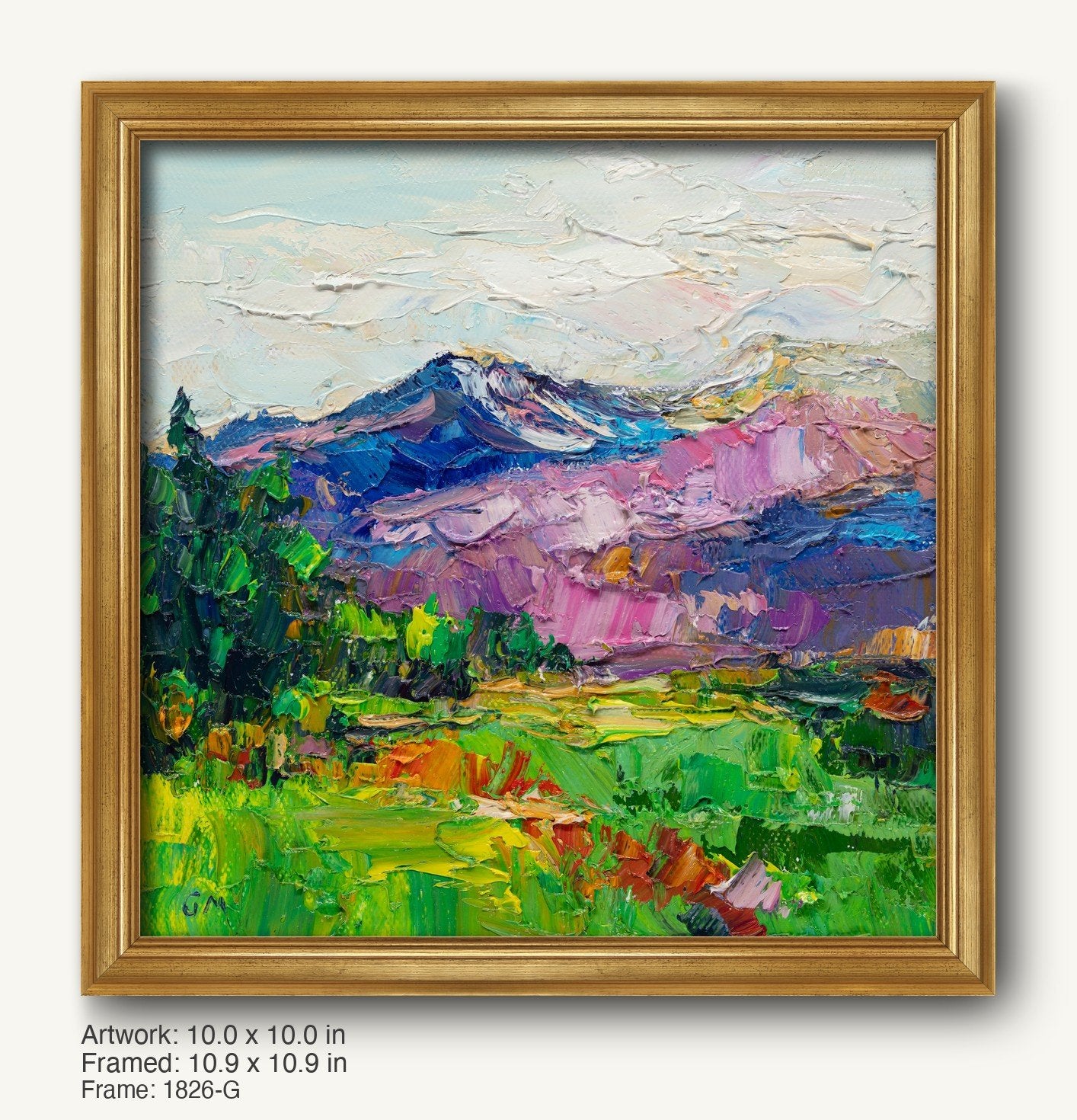Expressive mountain landscape oil painting in warm gold ornate frame, featuring vibrant greens, purples, and blues with textured brushwork on canvas