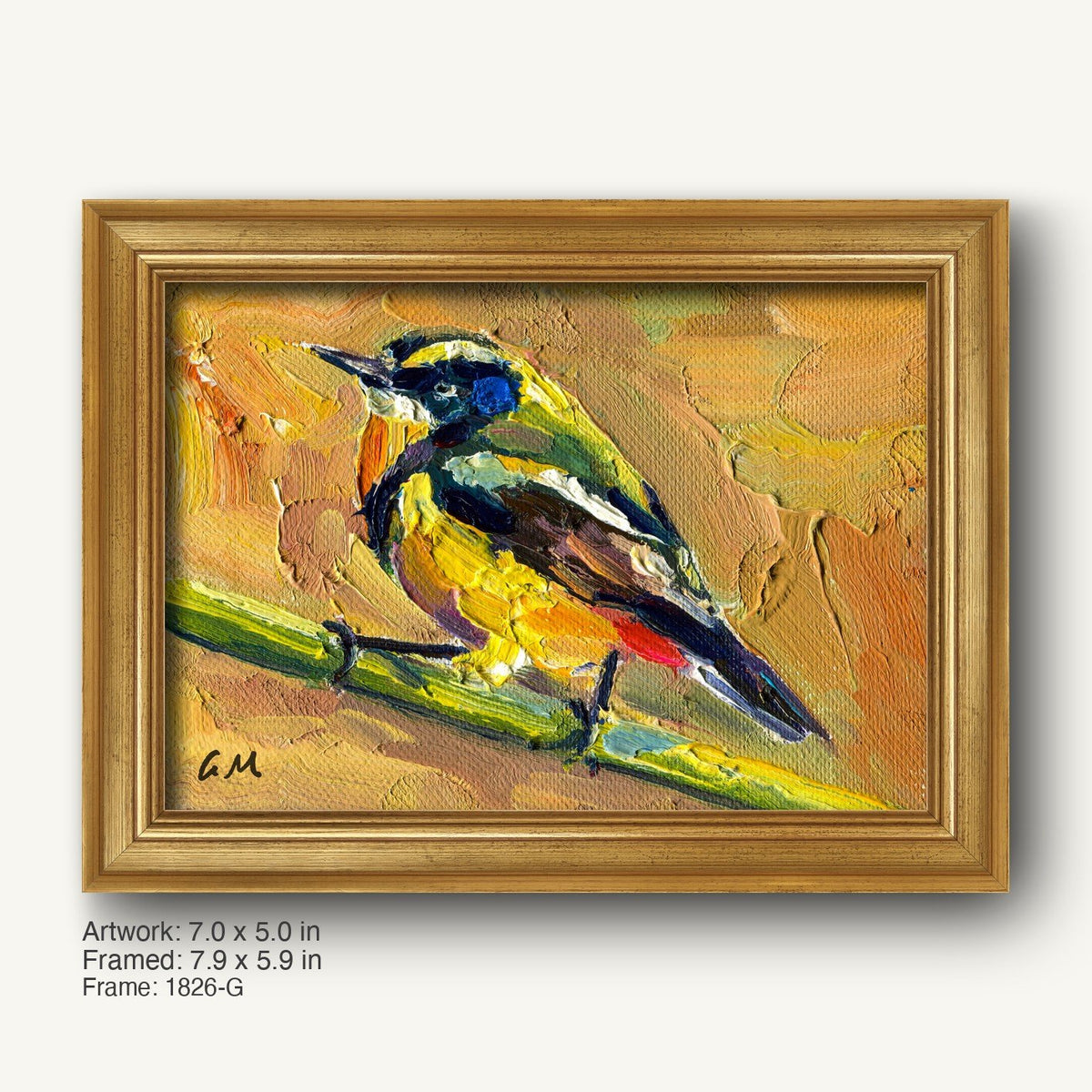 Impasto oil painting of a vibrant bird perched on a branch, framed in a warm gold ornate frame with textured canvas and visible brushwork