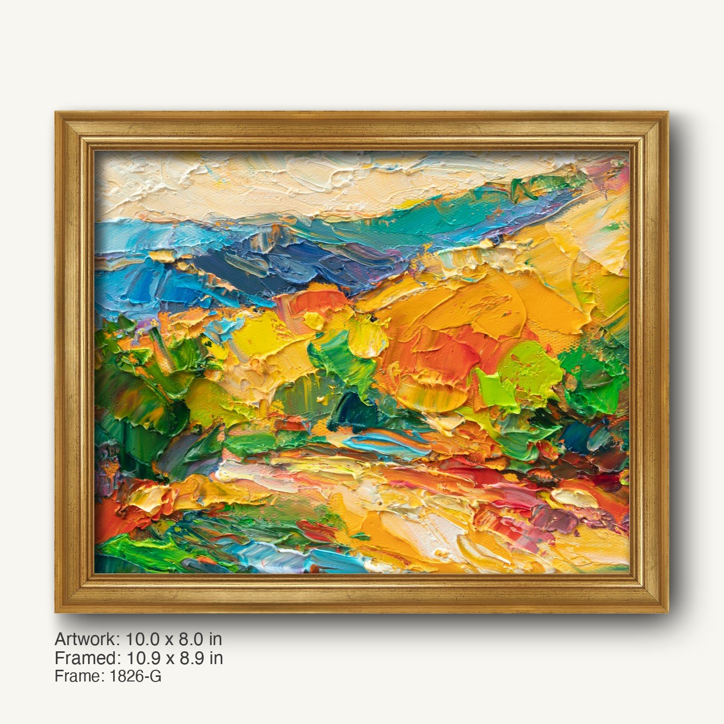 Abstract landscape oil painting in warm gold ornate frame, vibrant colors on canvas, horizontal composition with textured brushwork