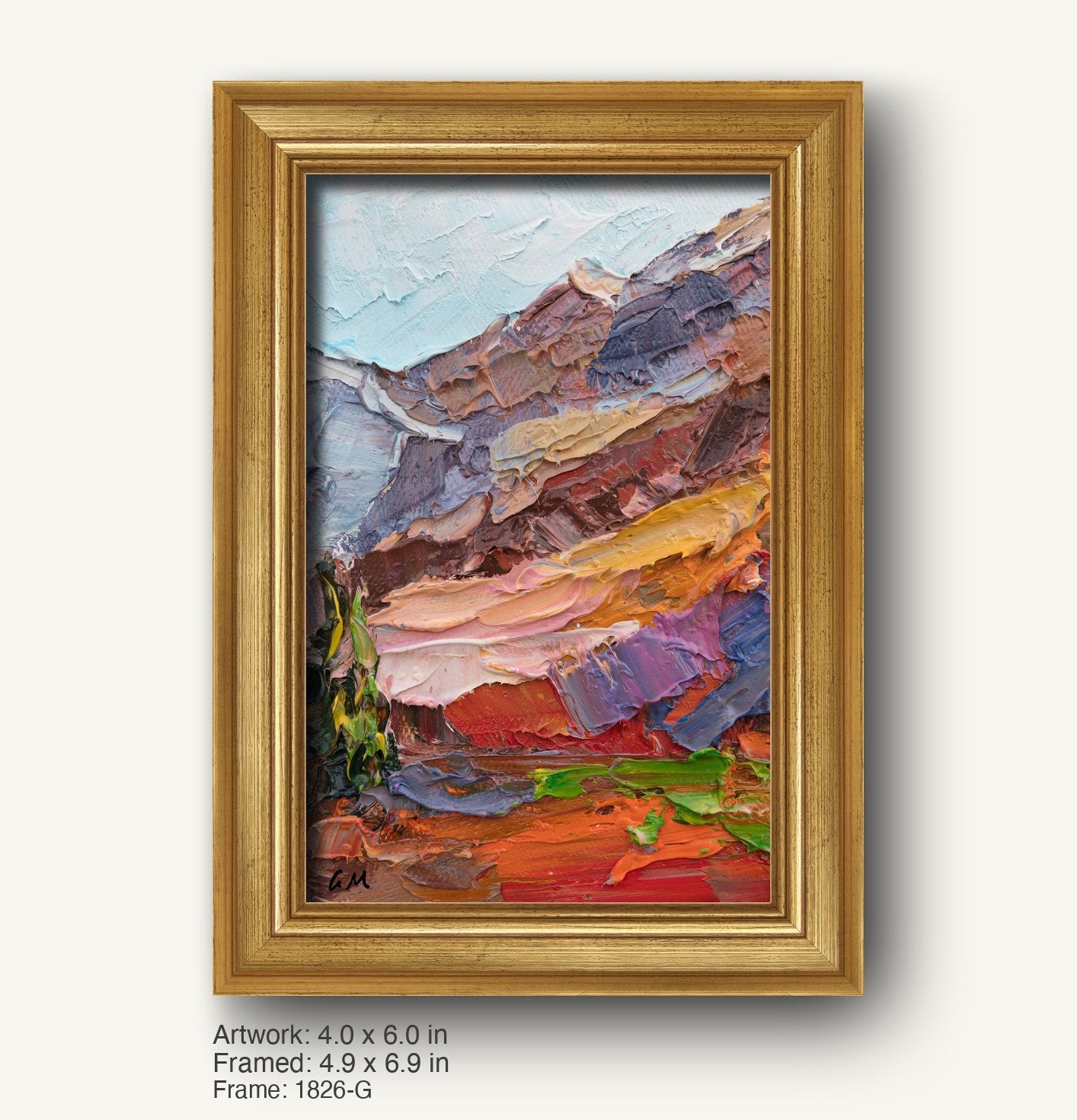 Vertical oil painting of a vibrant canyon landscape in warm gold frame, featuring textured brushwork with red, orange, and blue hues, signed by artist