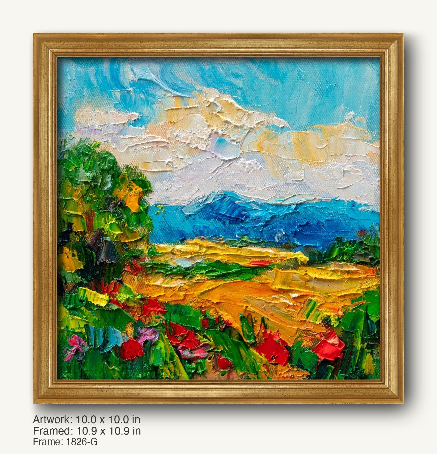 Textured oil painting of a vibrant mountain meadow with bold brushstrokes, framed in a warm gold classic profile frame