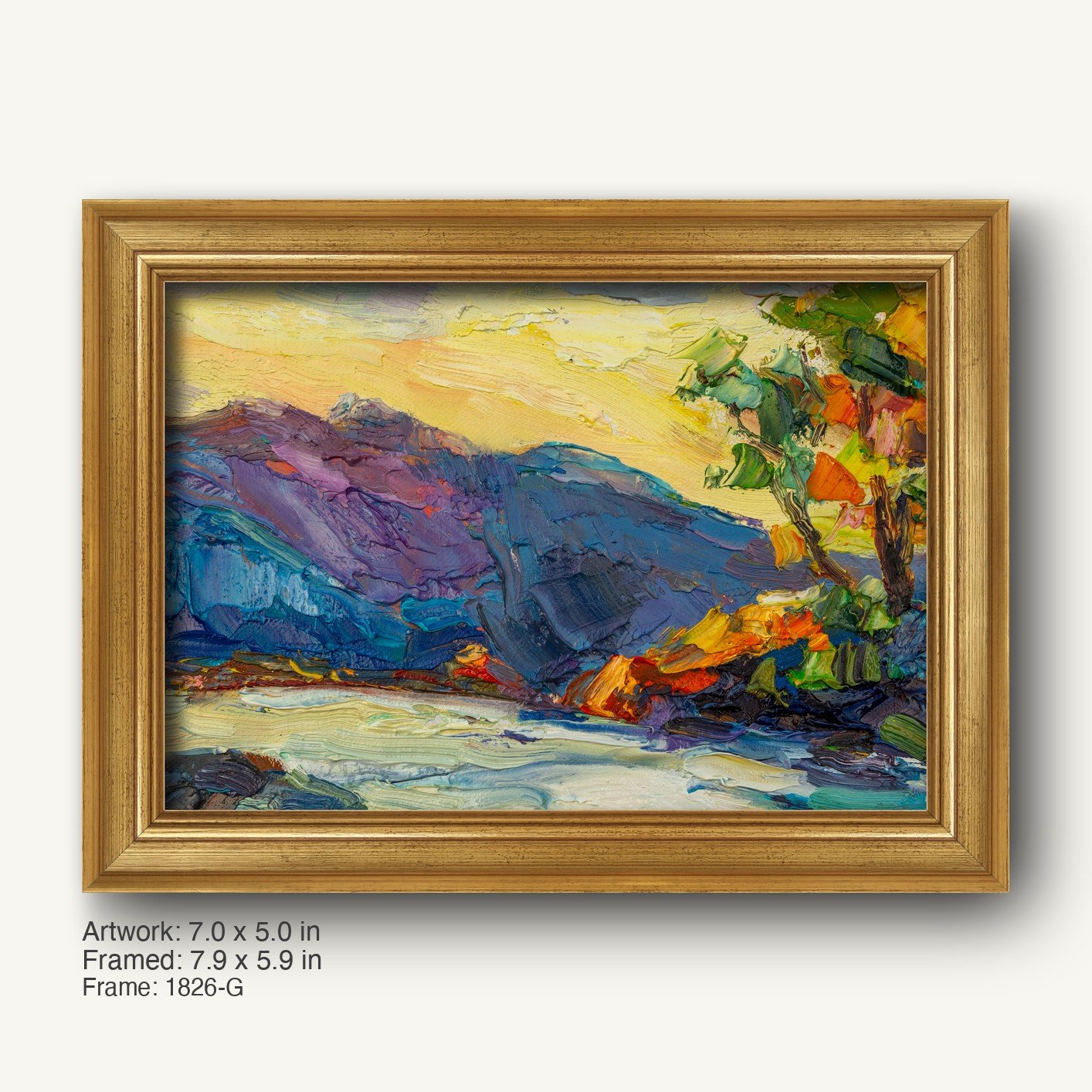 Palette Knife Mountain Vista by George Miller in a warm gold ornate frame, featuring vibrant blue and purple mountains, yellow sky, and textured abstract landscape on canvas