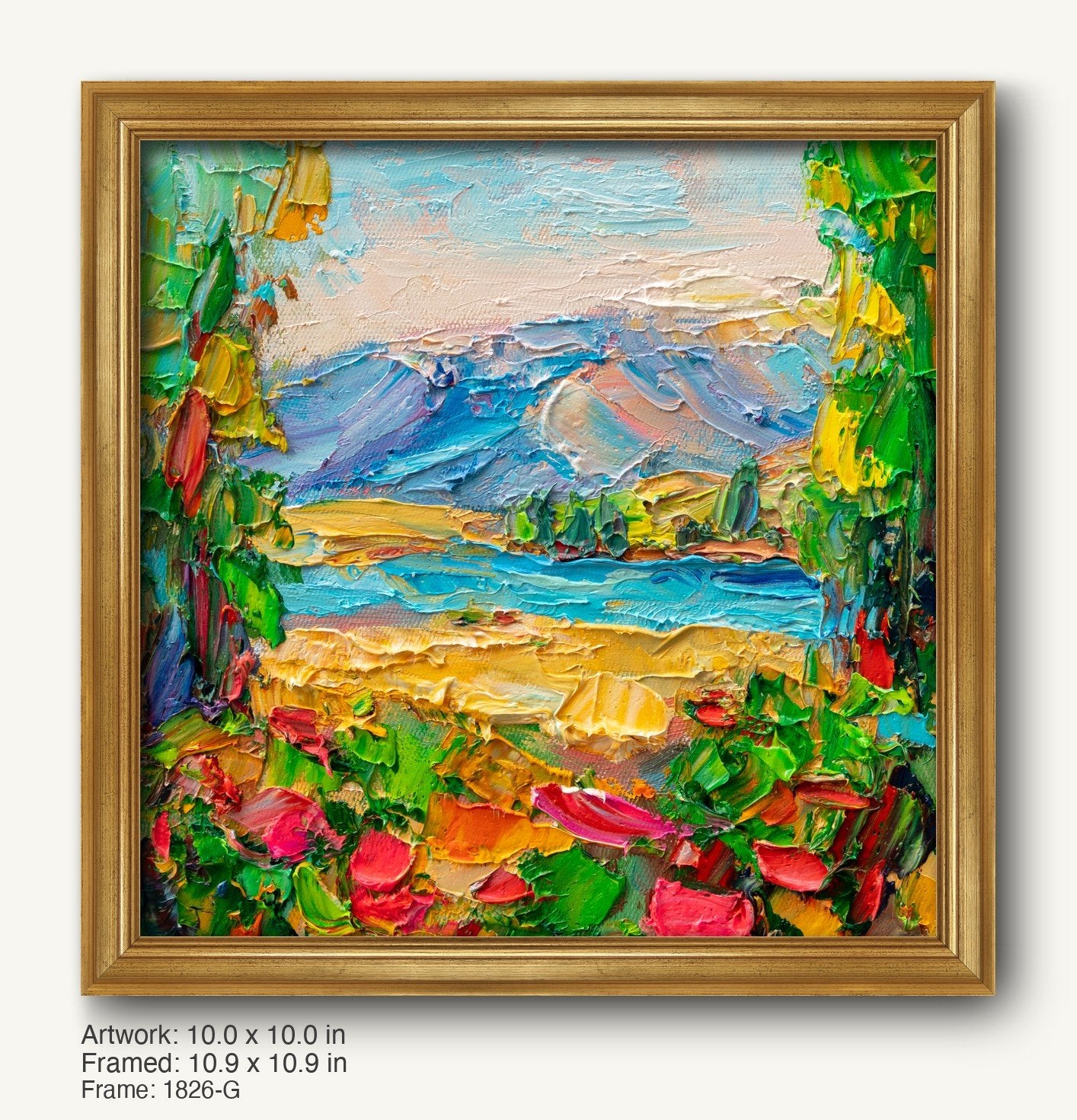 Vibrant hand-painted mountain lake scene in a warm gold ornate frame, featuring textured oil brushwork with blue, green, and yellow hues, framed vertically on canvas.