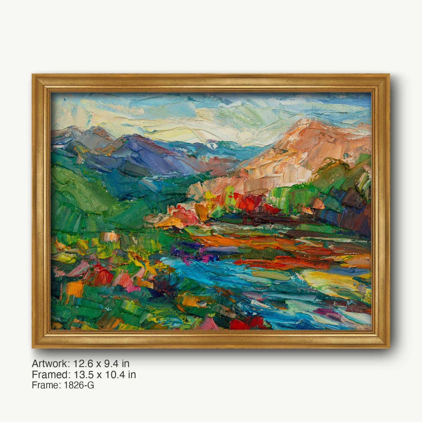 Abstract mountain river scene oil painting in warm gold ornate frame, horizontal composition with vibrant greens, blues, and earth tones on canvas