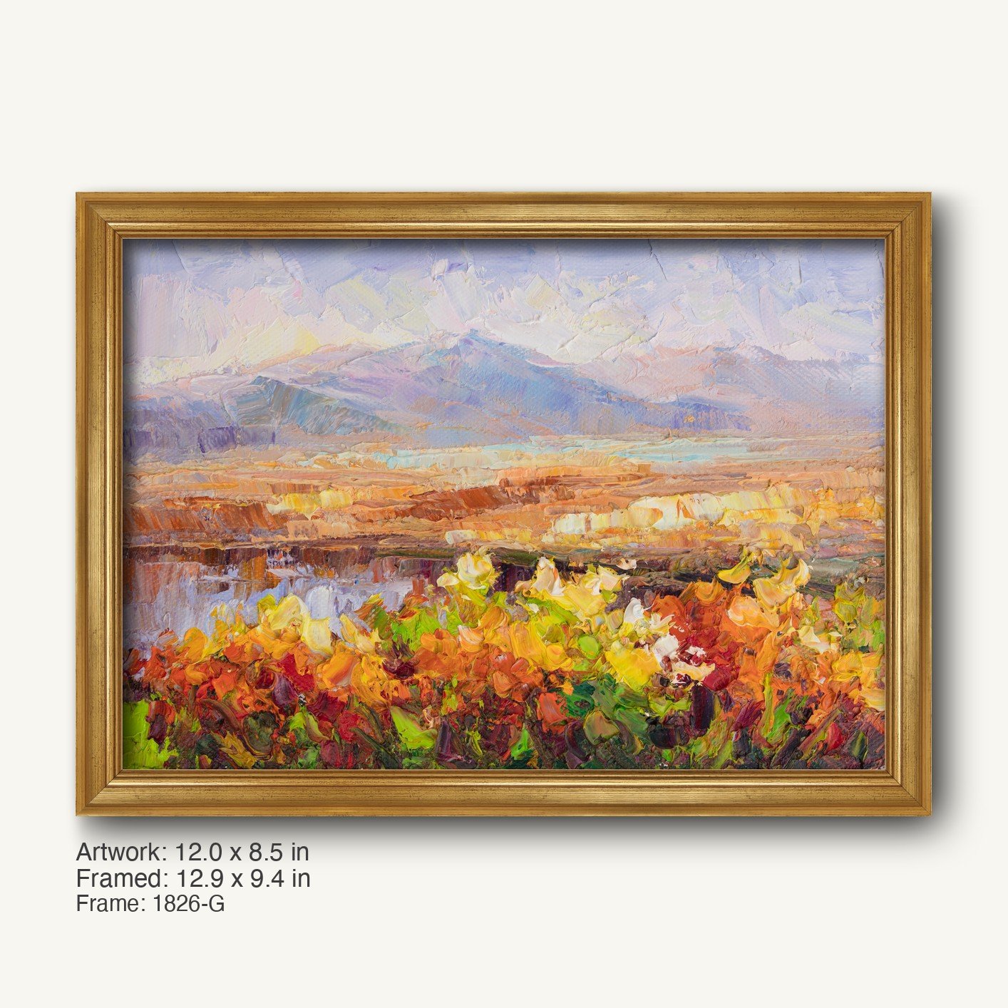 Sunset Desert Bloom oil painting in warm gold ornate frame, horizontal landscape with vibrant floral foreground and distant mountains, textured brushwork on canvas