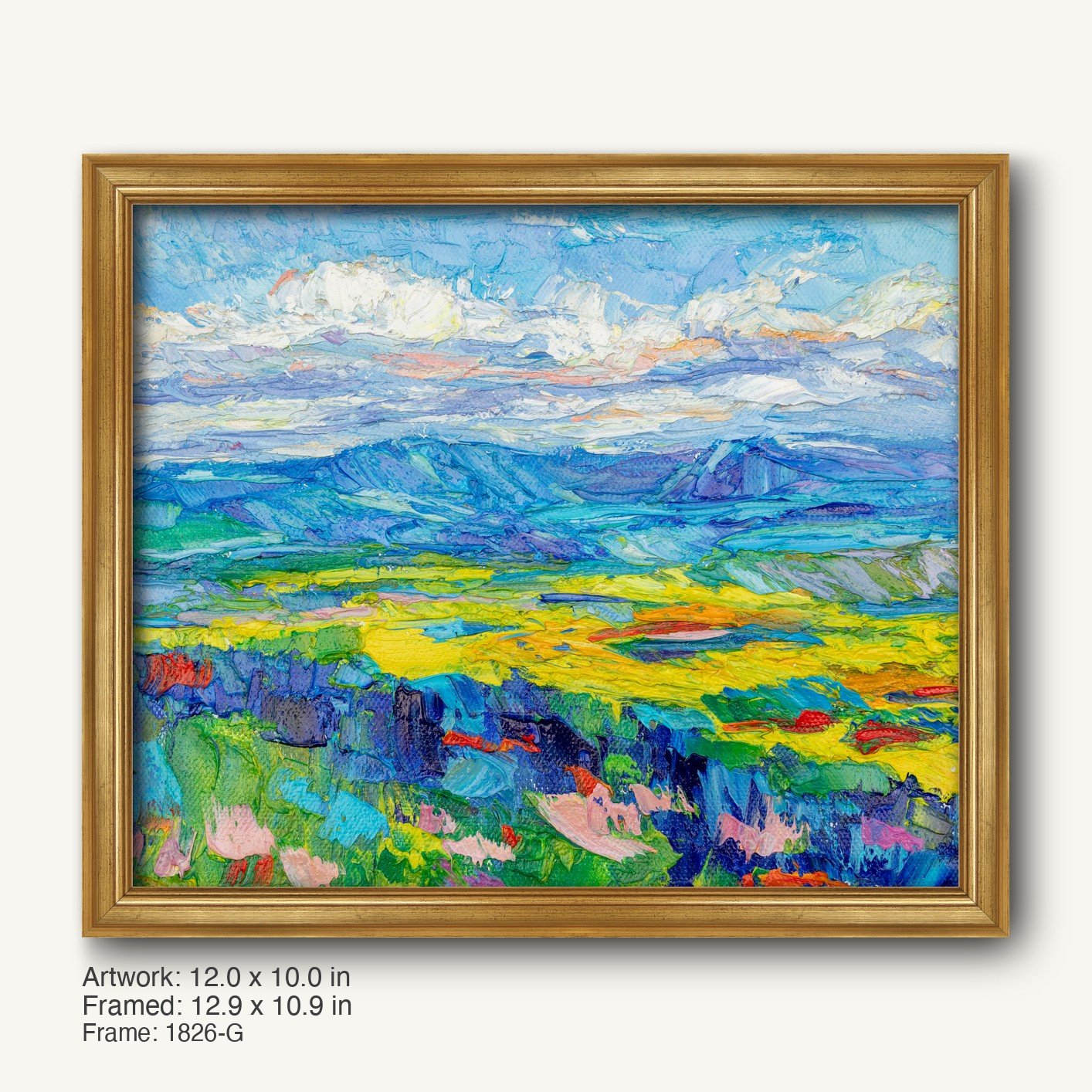 Vibrant oil painting of a mountain meadow in warm gold frame, featuring thick impasto texture and abstract landscape with blue, green, and yellow hues